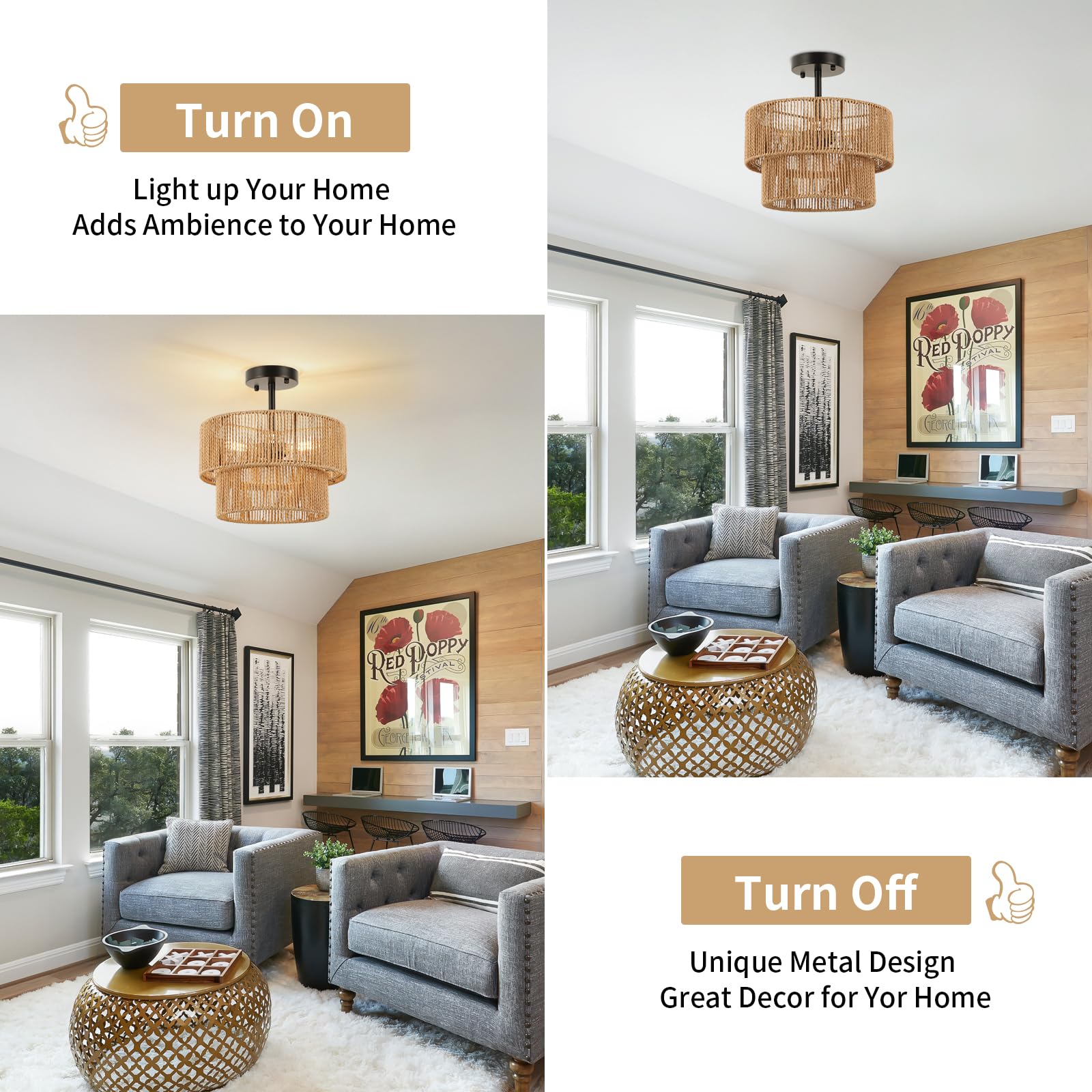 Foucasal Boho Light Fixtures Ceiling Mount, 3-Light Rattan Chandelier Woven Double-Layer Semi Flush Mount Ceiling Light For Hall