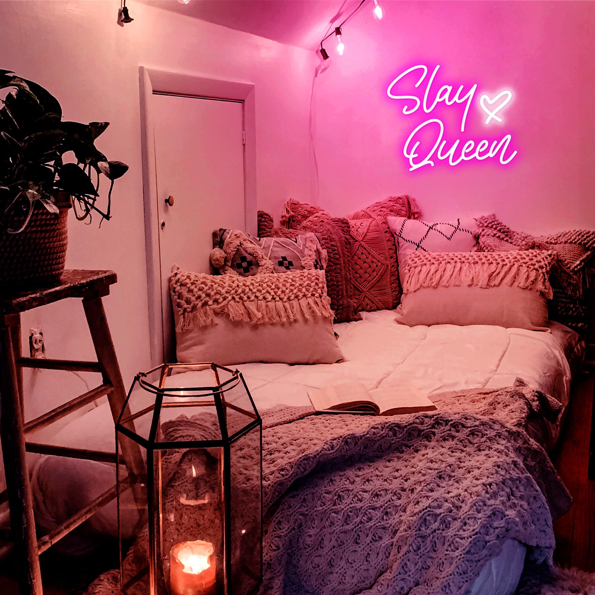 Kavaas Neon Slay Queen Sign - 15.3"x12.6" Pink LED Wall Decor for Bedroom, Bar, Office, Dorms - Stylish Plastic Design