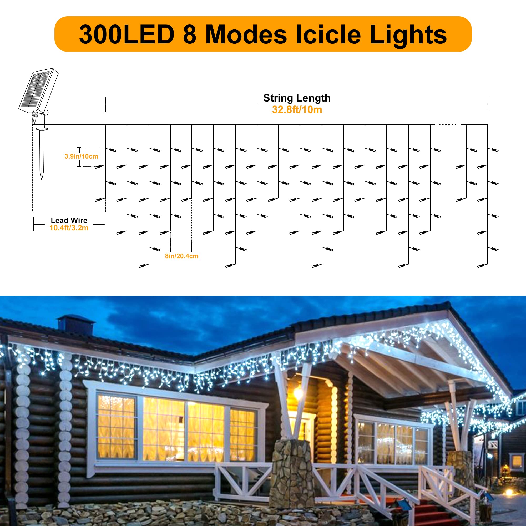 Mimigogo 300 Led Solar Icicle Lights Outdoor, 33Ft 8 Modes, White Curtain String Lights