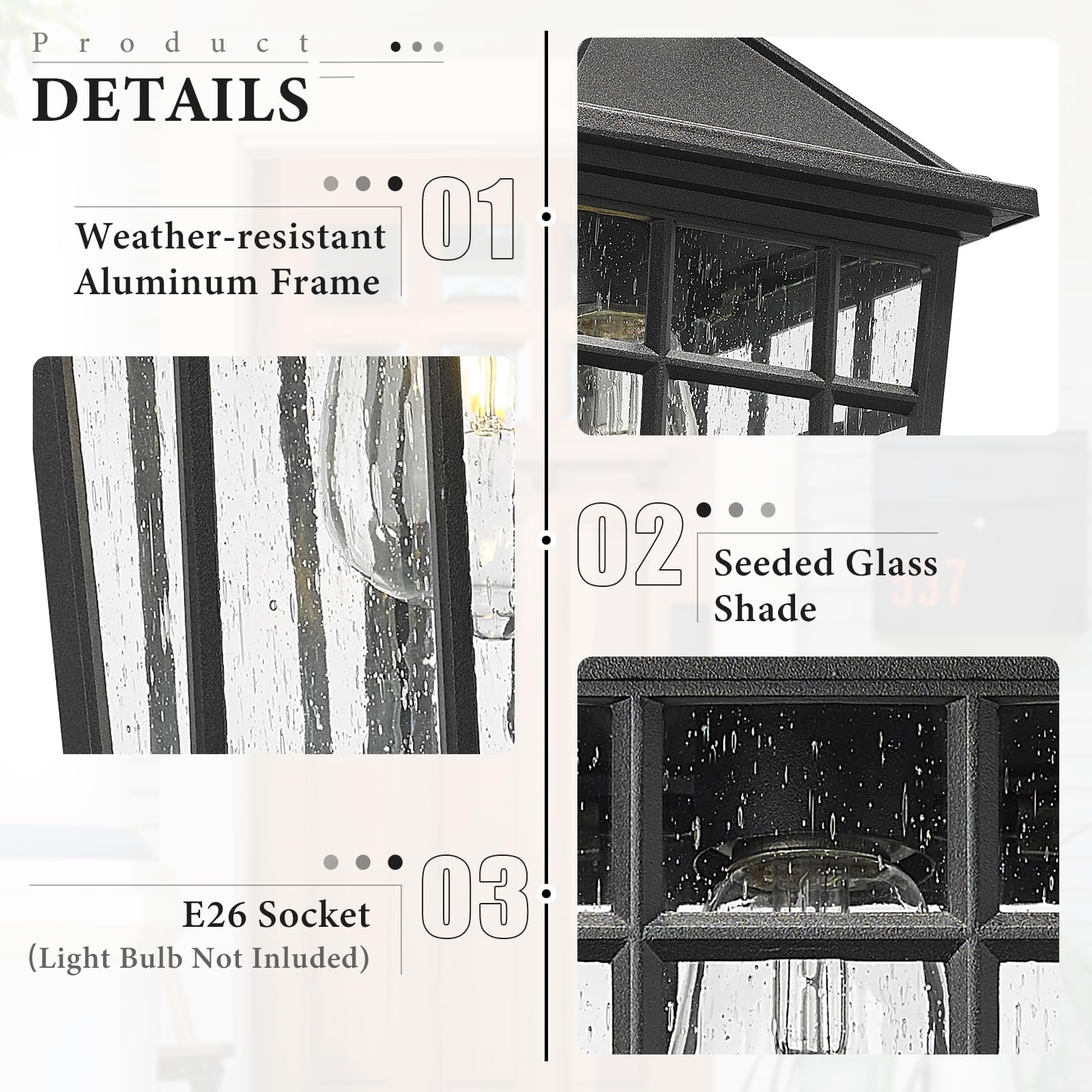 Darkaway Outdoor Wall Lights, Black Aluminum Sconce, Waterproof with Seeded Glass, Medium Size, Model 6X24B BK
