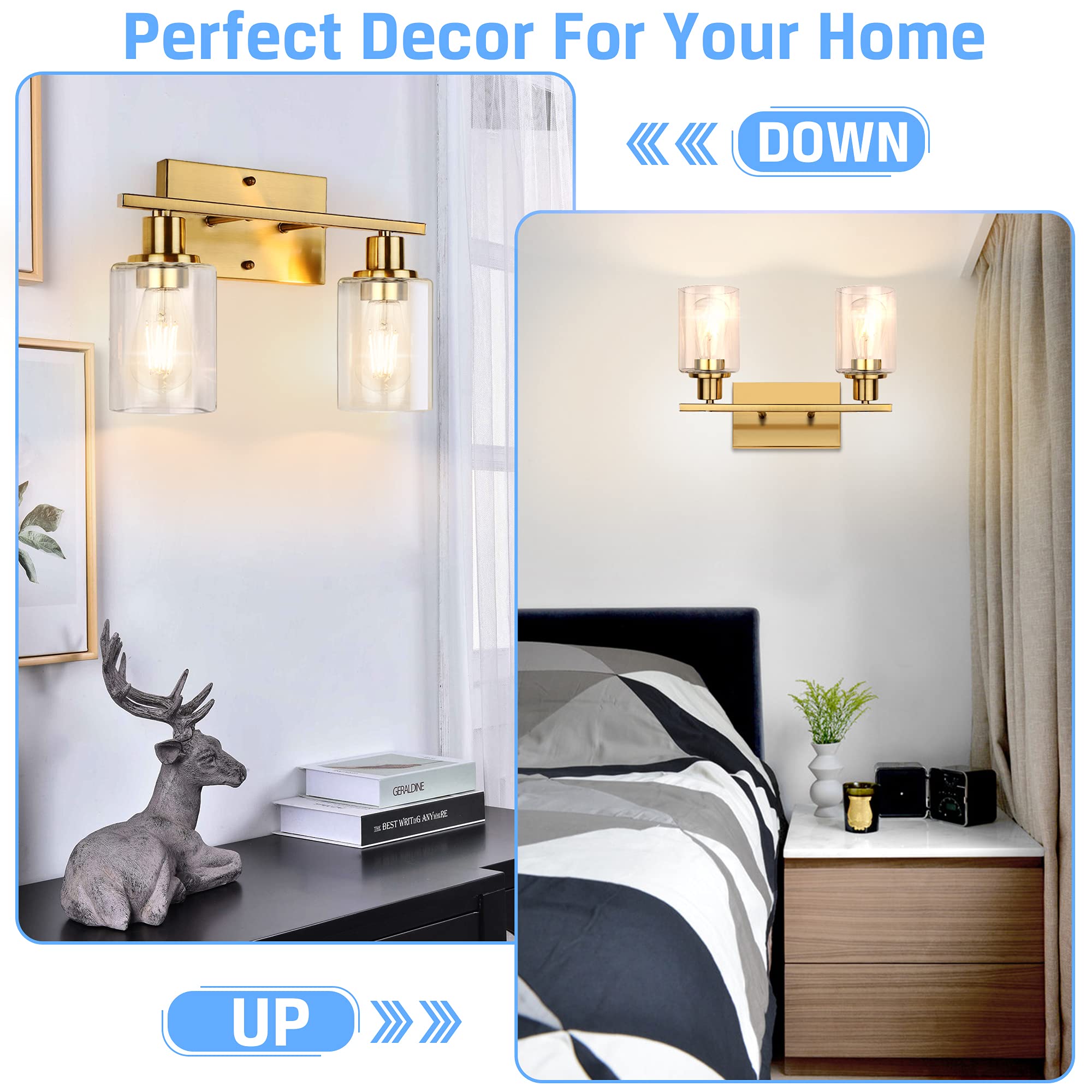 Shinetech 2-Light Gold Bathroom Vanity Fixtures, Modern Wall Lighting With Clear Glass, Brushed Brass Wall Sconce Light For Mirr