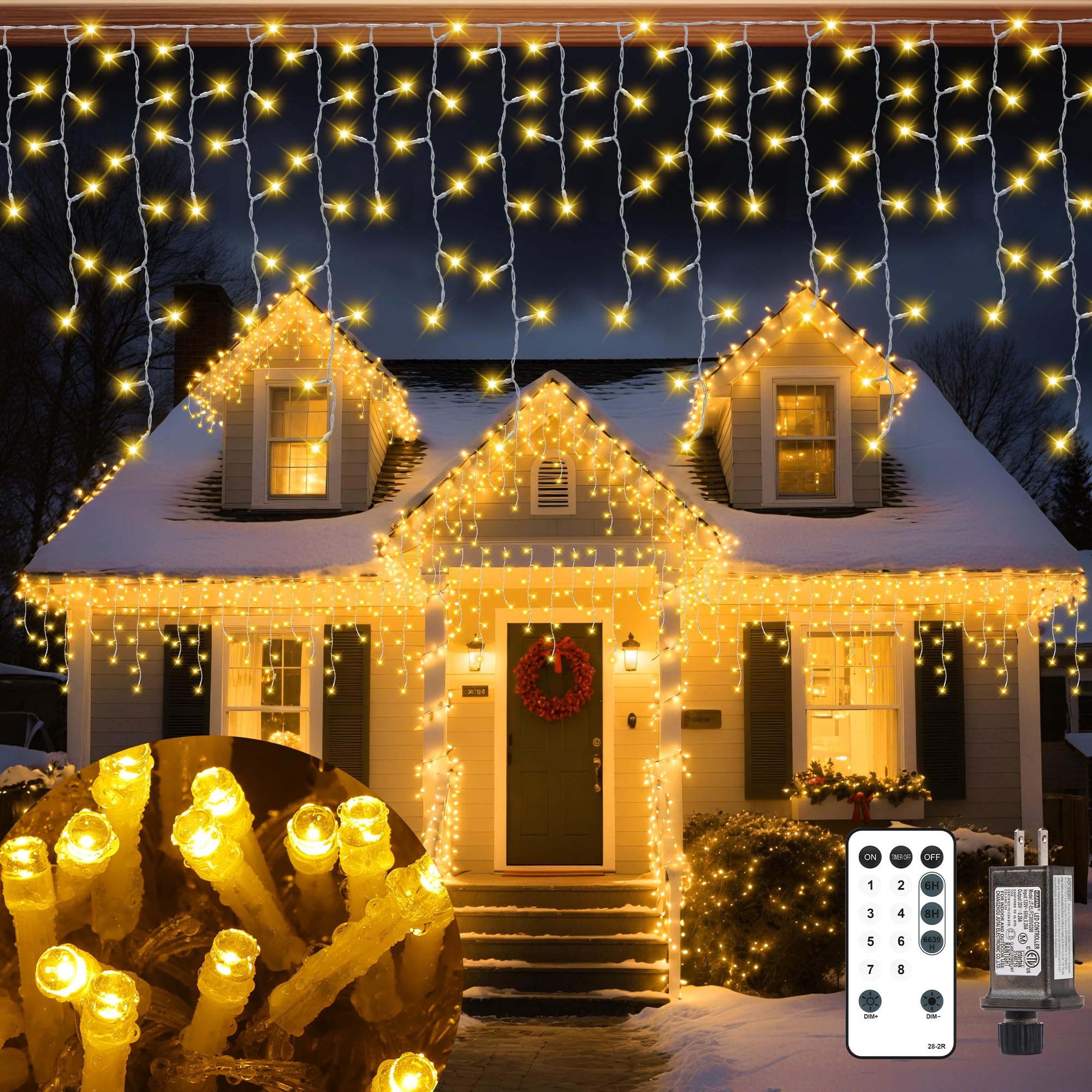 Vynoblip Christmas Ice Lights Outdoor Warm White 99FT 1206 LED 8 Modes Plug in Xmas Tree Decorations Twinkle Fairy Light String with Remote Timer Memory for Roofline Yard Party Wedding Camping Decor