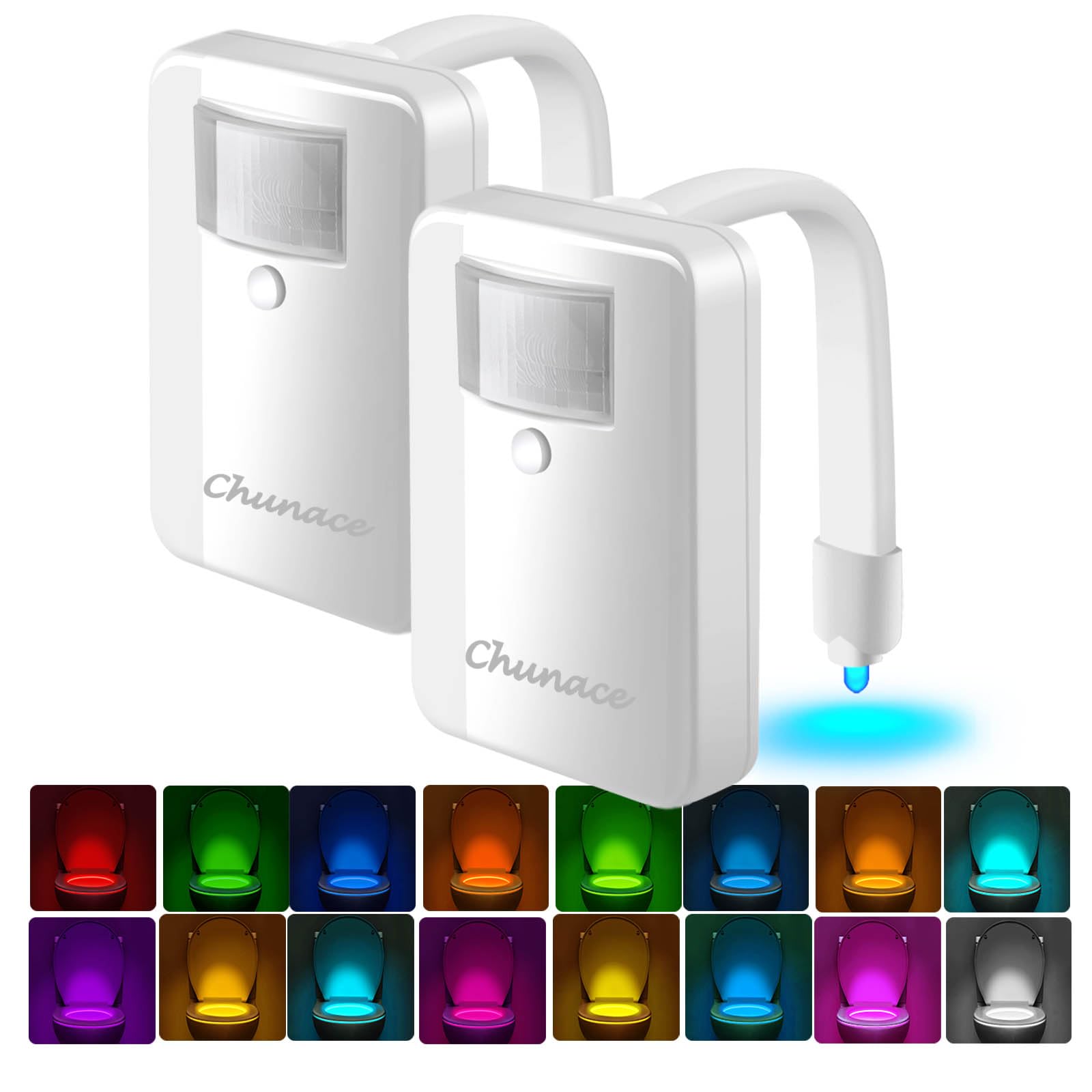 Chunace 2 Pack Toilet Night Lights - Motion Activated, 16-Color LED, White, Model H550, Unique Bathroom Gadgets for Men & Kids