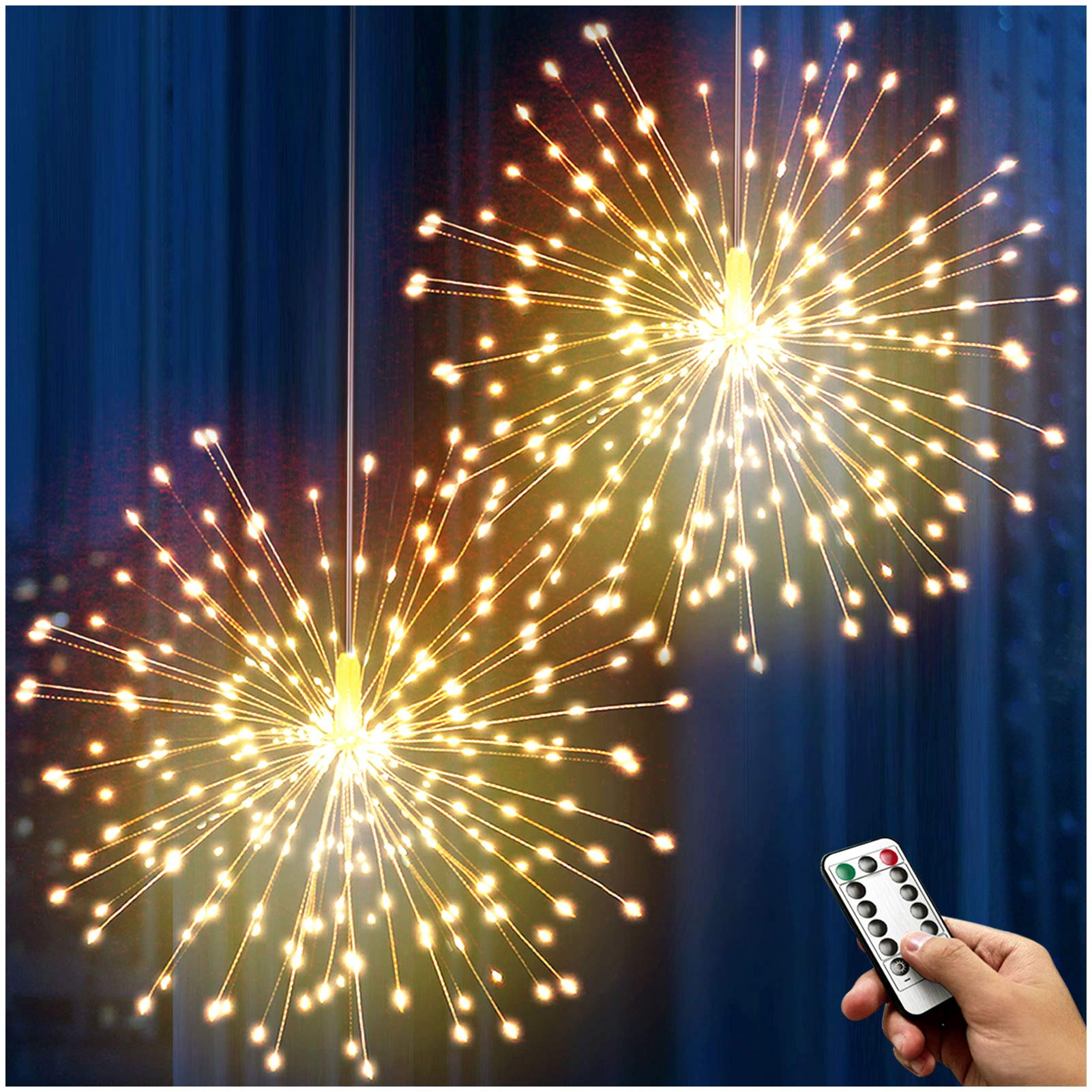 DenicMic Firework Lights 200 LED Copper Wire Starburst Light, 8 Modes Battery Operated Fairy Star Sphere Lights with Remote, War
