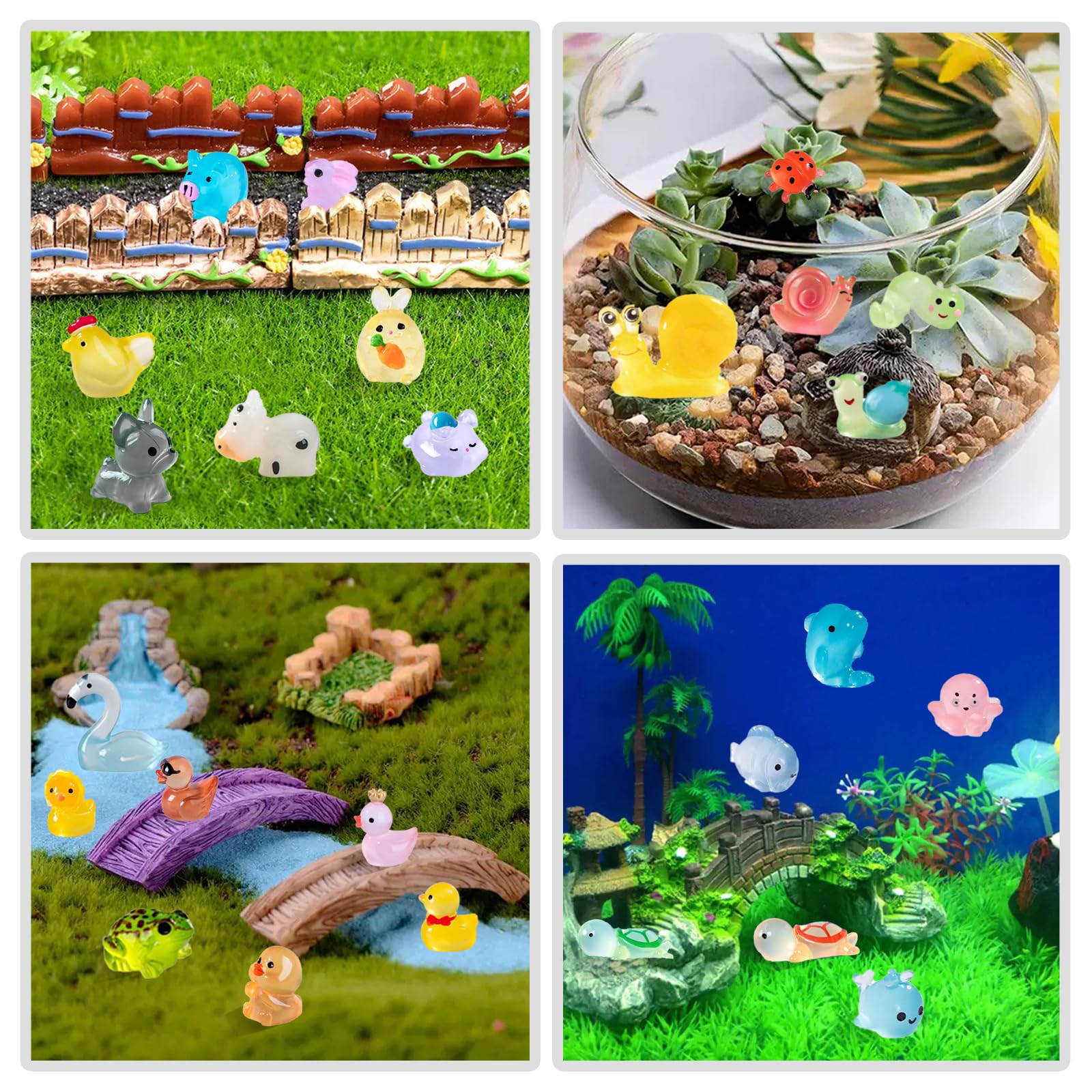 AllGemDiy Mini Resin Animals - 100 Pcs Glow in The Dark Figurines, Mixed Colors for Fairy Gardens and Outdoor Decor
