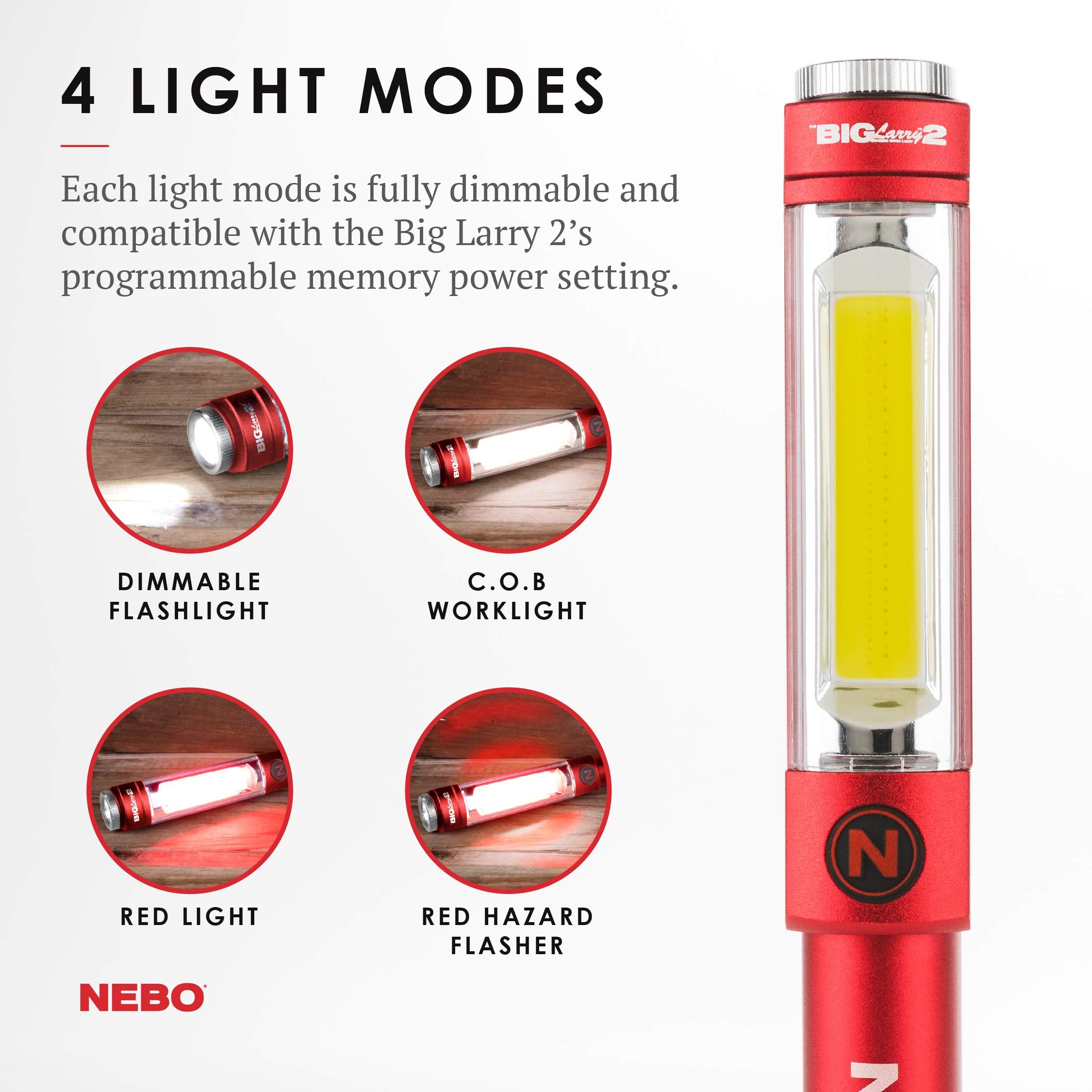 Nebo Big Larry 2 Battery Powered Aluminum Work Light 500 Lumens, Pocket Clip Magnetic Base For Hands-Free Lighting Portable Cob