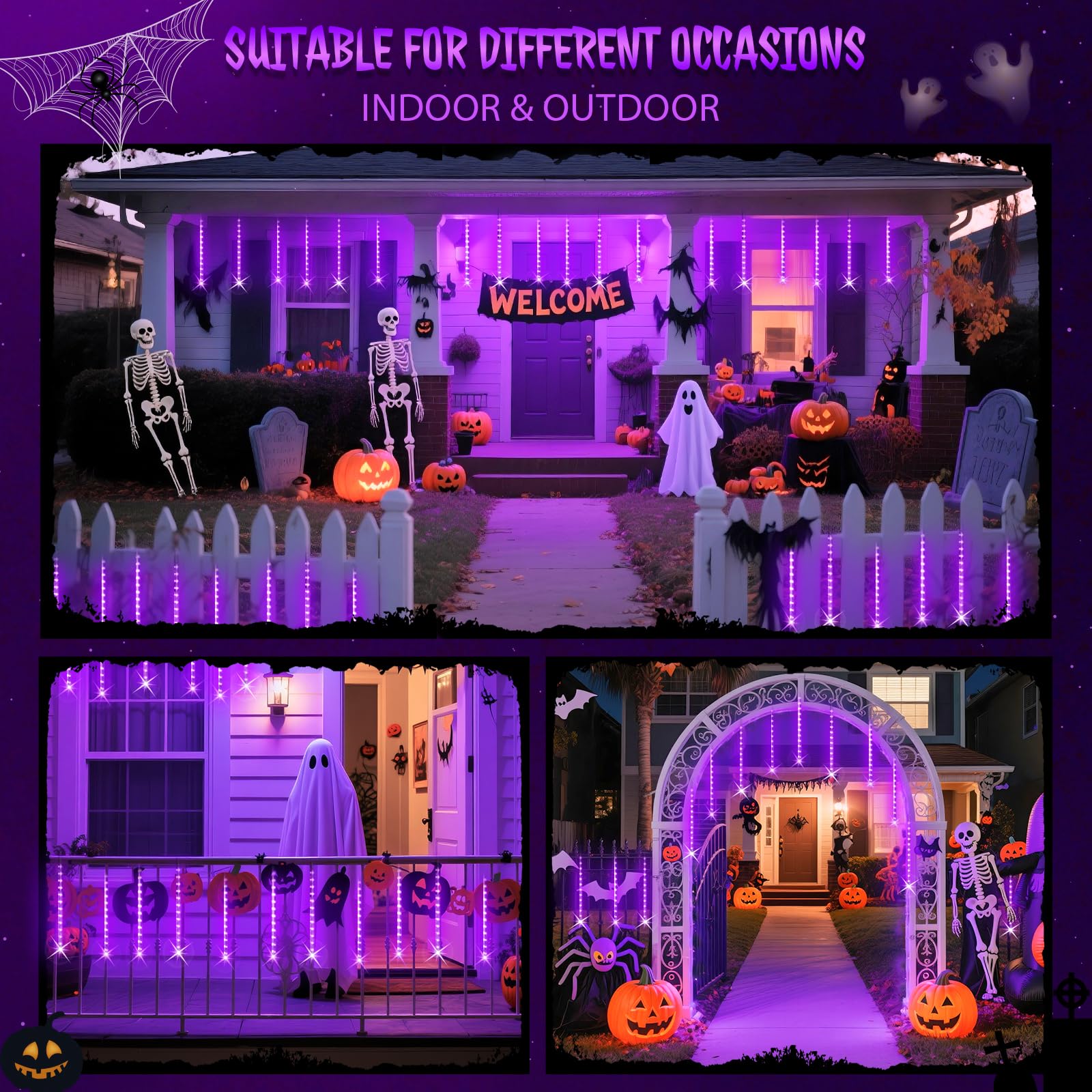 JMEXSUS Solar Meteor Shower Lights, 8 Tube 144 LEDs, Waterproof, Purple, Christmas Outdoor Decorations