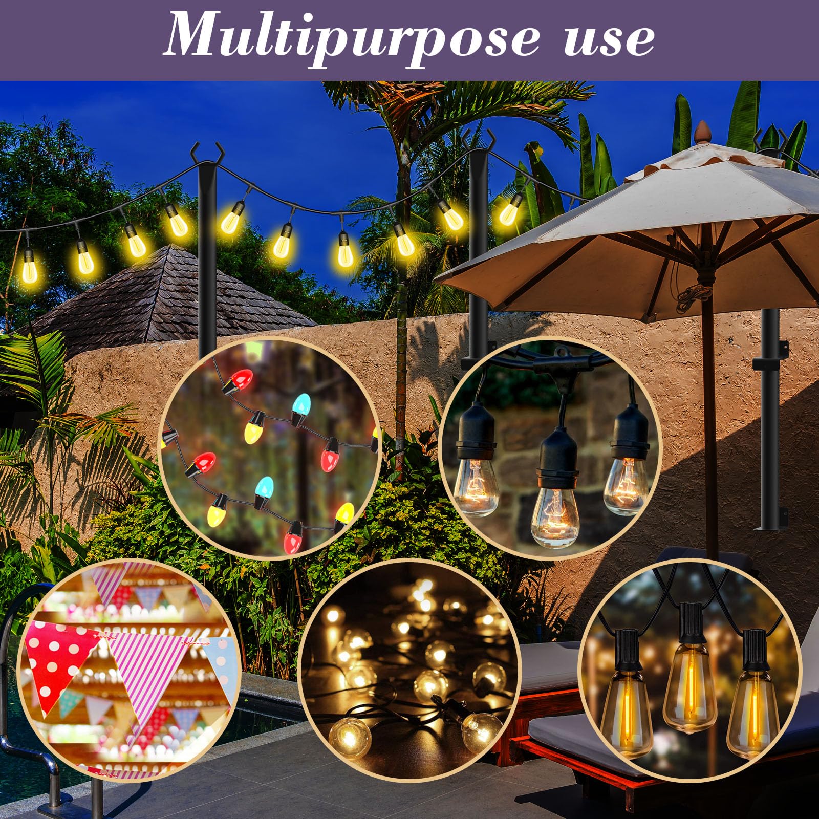 NUERPO 4 Pack String Light Poles - 5 Ft Metal Outdoor Light Stands for Patio, Deck, Backyard, Garden, Wedding, Party - Black