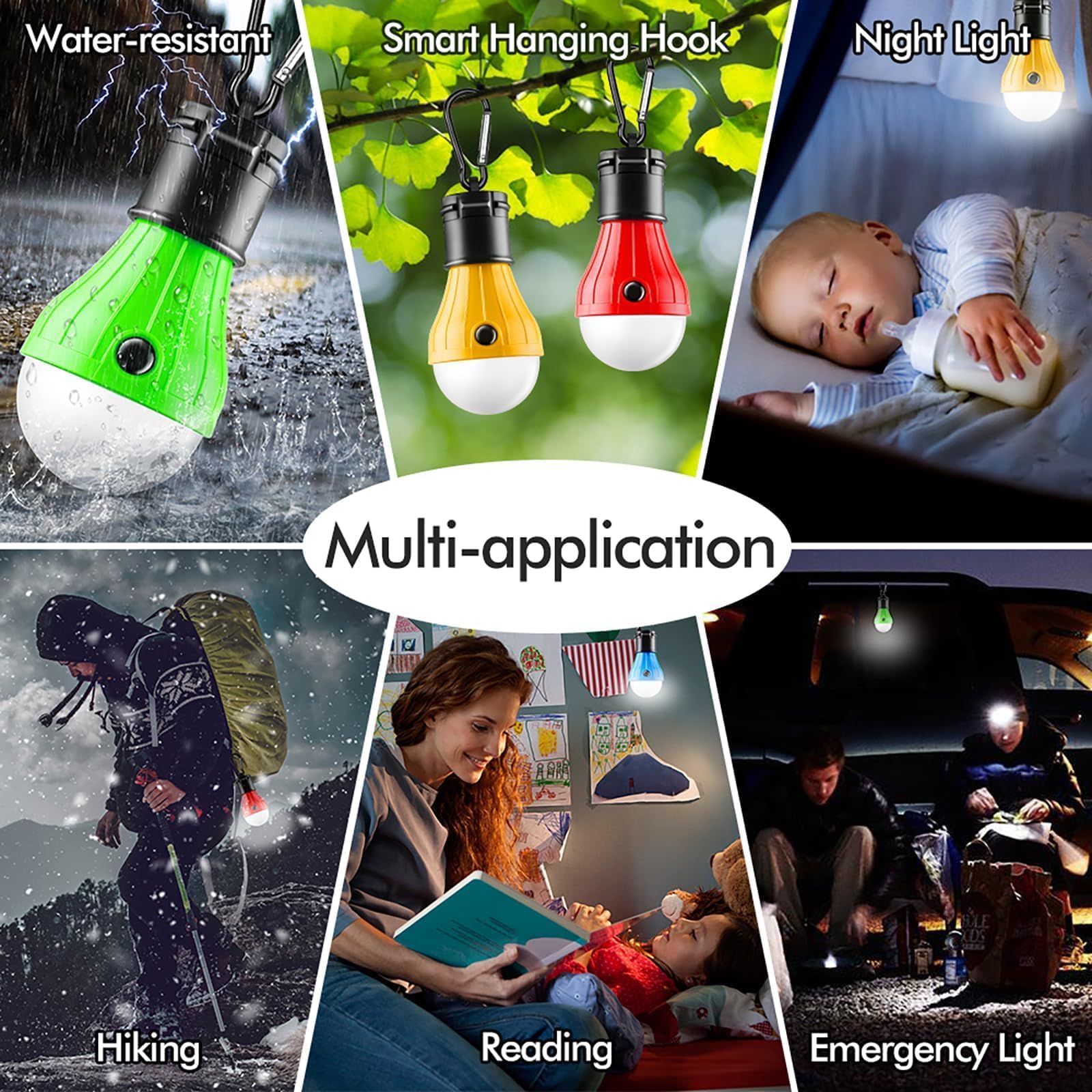 FLY2SKY Portable LED Tent Lamp - 4 Pack, Multicolor, Plastic, Model 4P-00 - Ideal for Camping, Hiking, Fishing, and Emergency Use