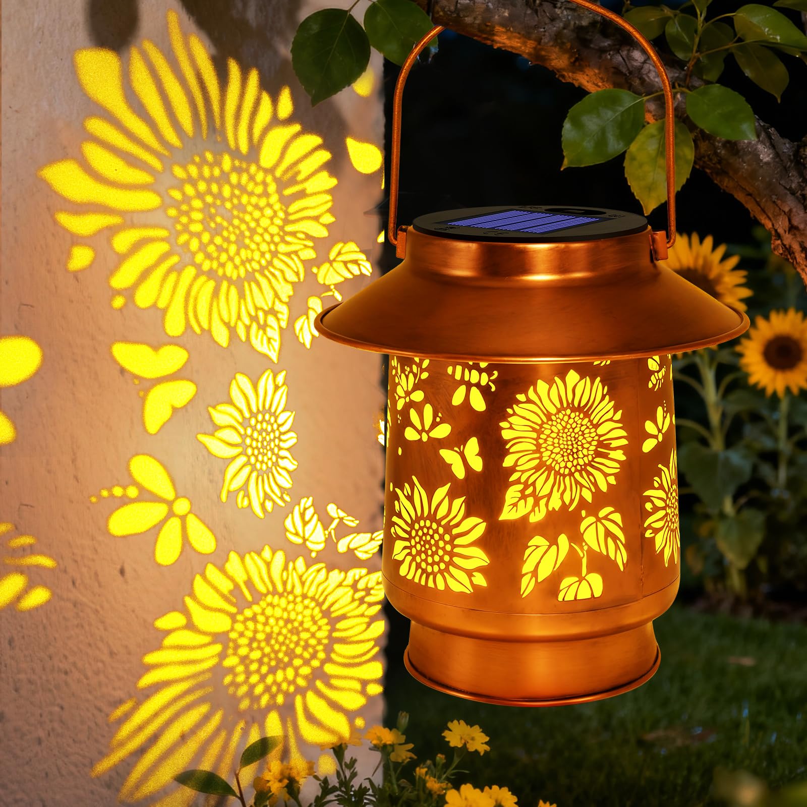 Sunflower Solar Lanterns Outdoor Waterproof ,Garden Decor Birthday Gifts for Women Mom Grandma,Metal Hanging Solar Lights Outsid