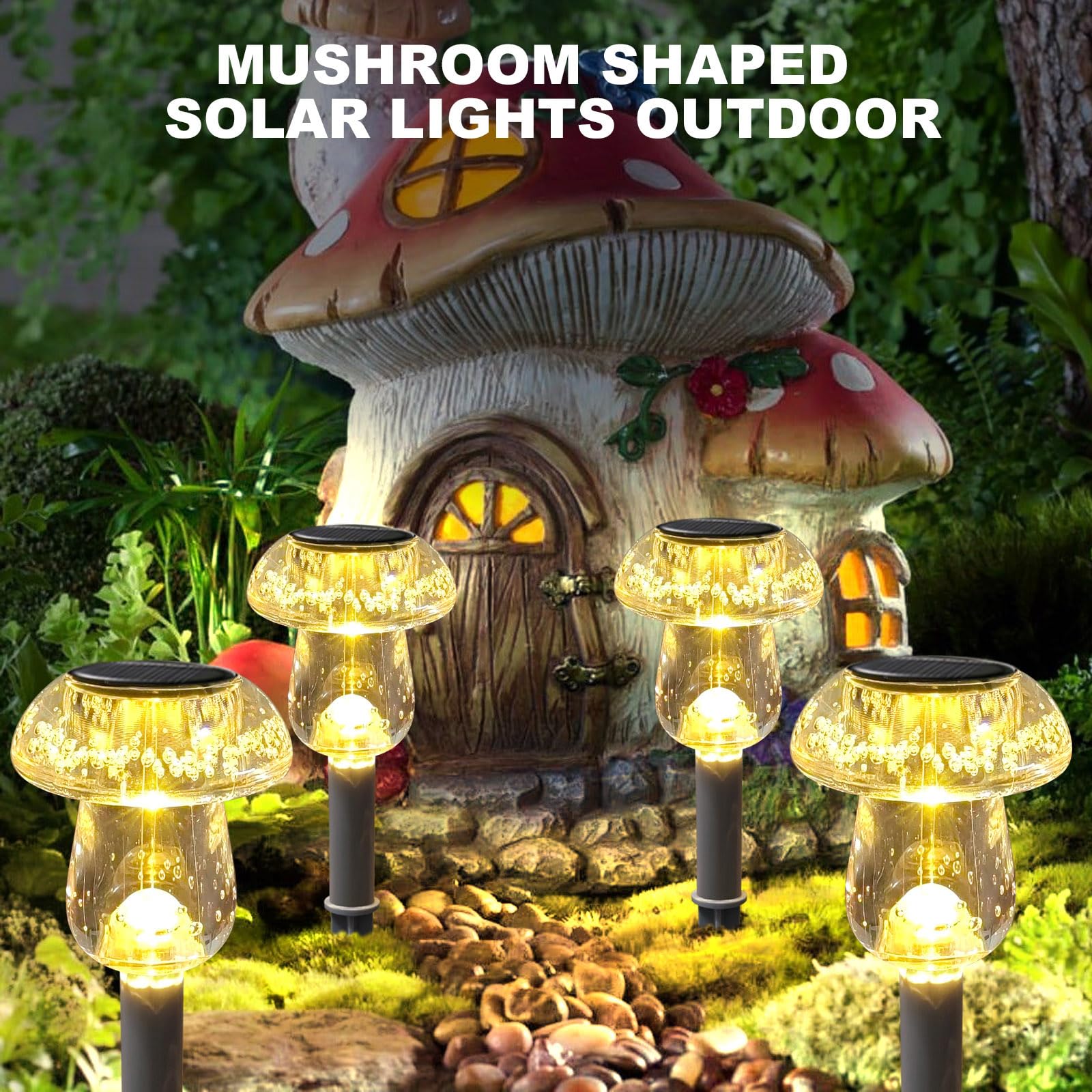 Benany Solar Pathway Lights, 8 Pack, LED Mushroom Design, 2.5"W x 9.4"H, Warm White, High Transparency Acrylic, Model MU001