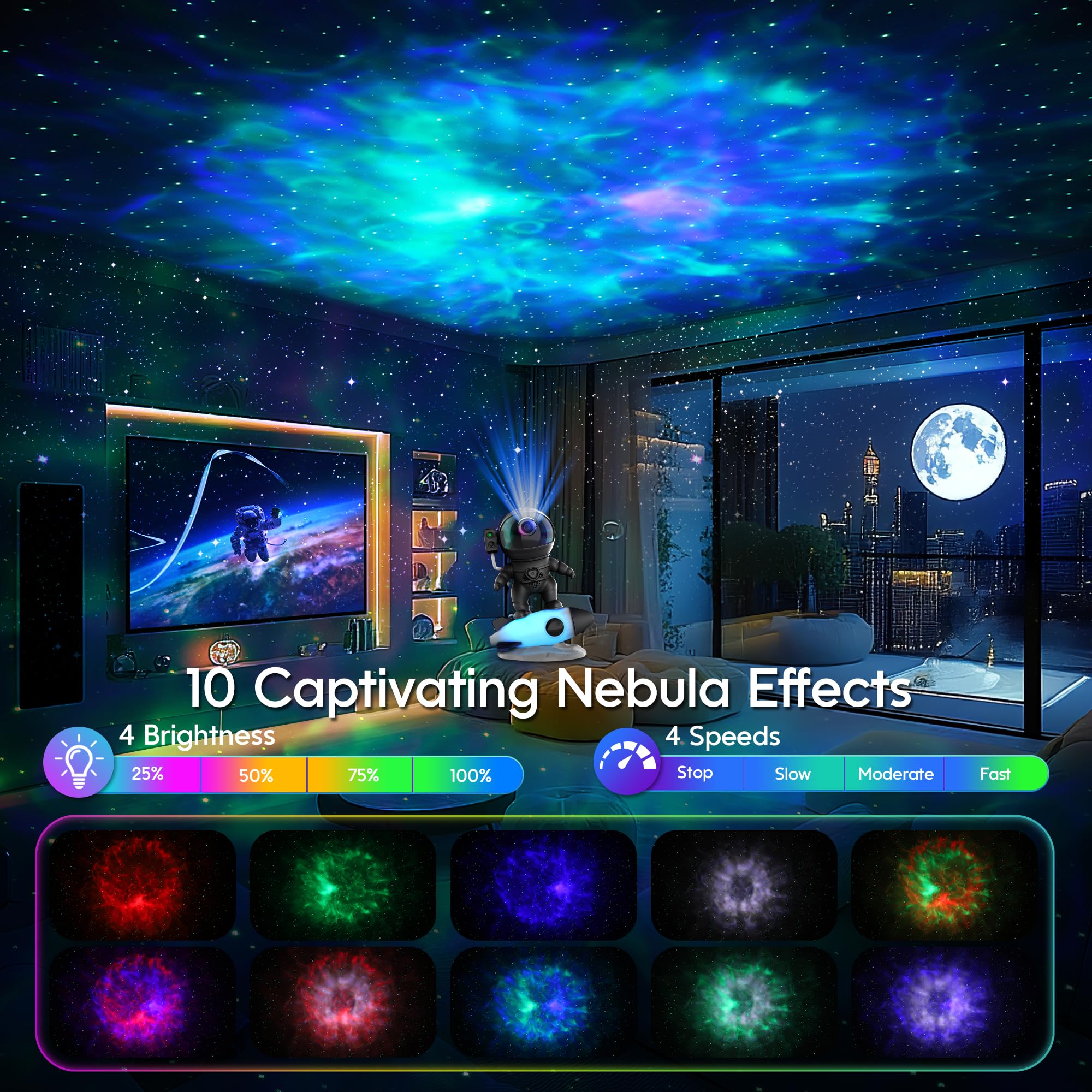 Astronaut Galaxy Projector, Star Projector Rocket Night Light For Kids Room, 360 Adjustable Magnetic Head, Bluetooth Speaker, Ti