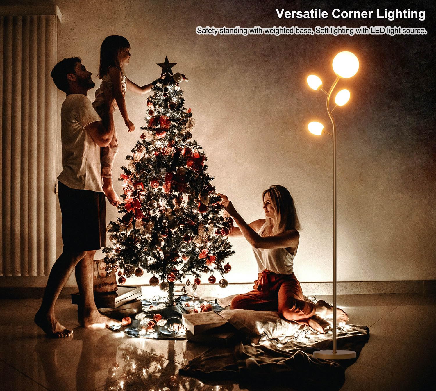 Fiqevs Globe Tree Floor Lamp With 4 Frosted Glass Shade & Led Bulbs, Mid Century Modern Standing Lamp 2700K Warm Light, Vintage