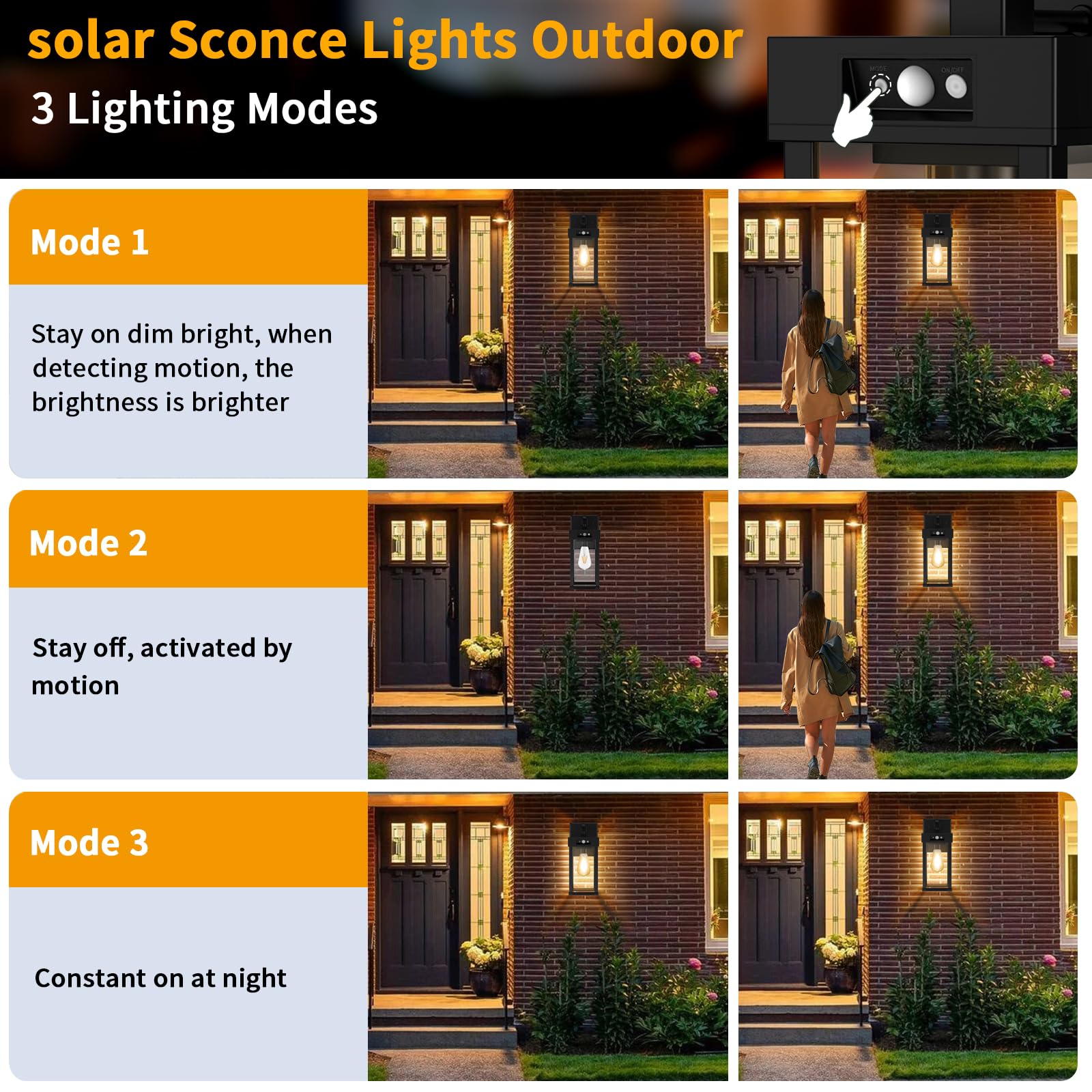 Ufelizor Solar Wall Sconce Lights, Motion Sensor, 3 Lighting Modes, Waterproof, Black, Model UF001