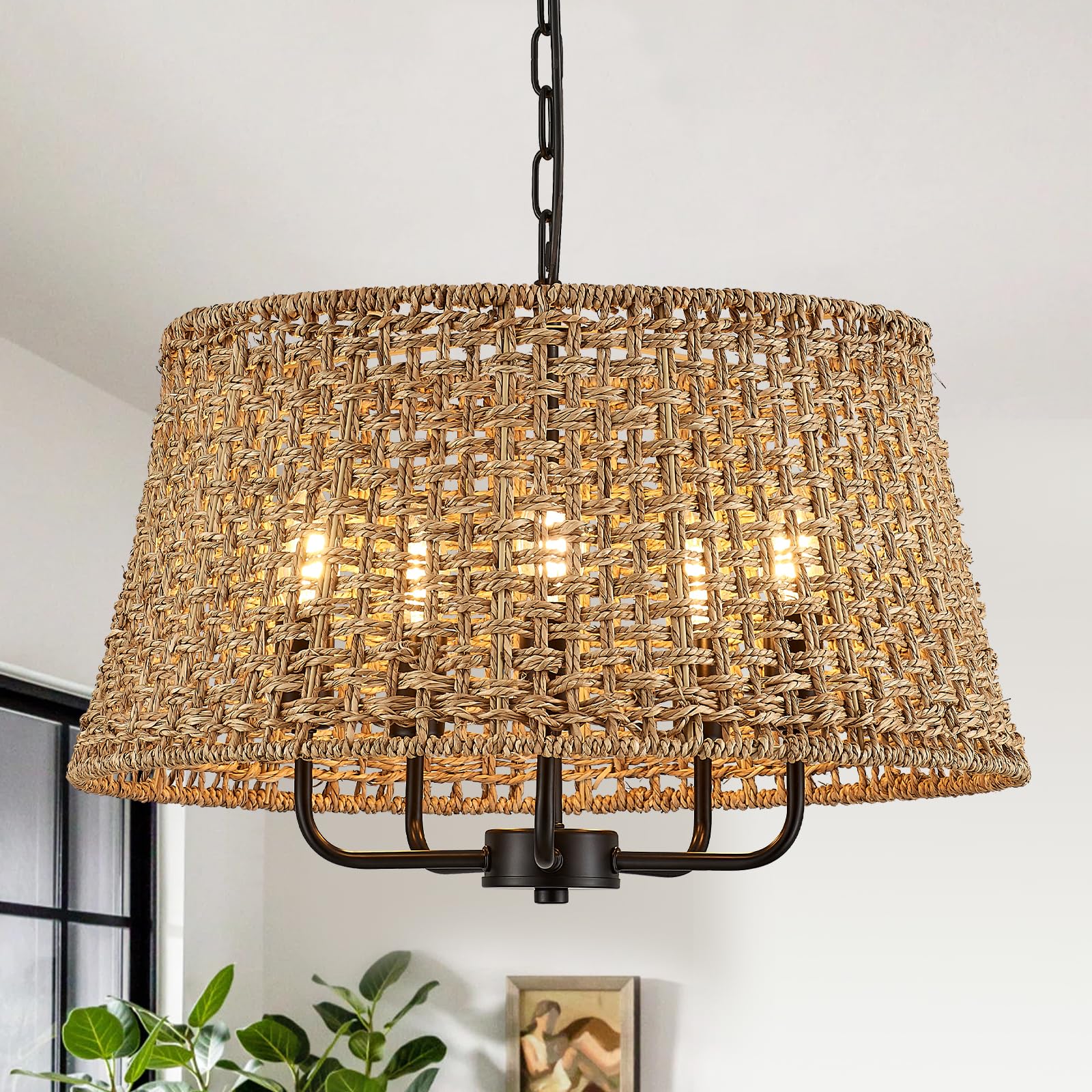 YOMECOO Hand-Woven Rattan Chandelier Vintage Farmhouse Boho Bamboo Light Fixture Mini Retro Drum Wicker Rattan Black Chandelier 