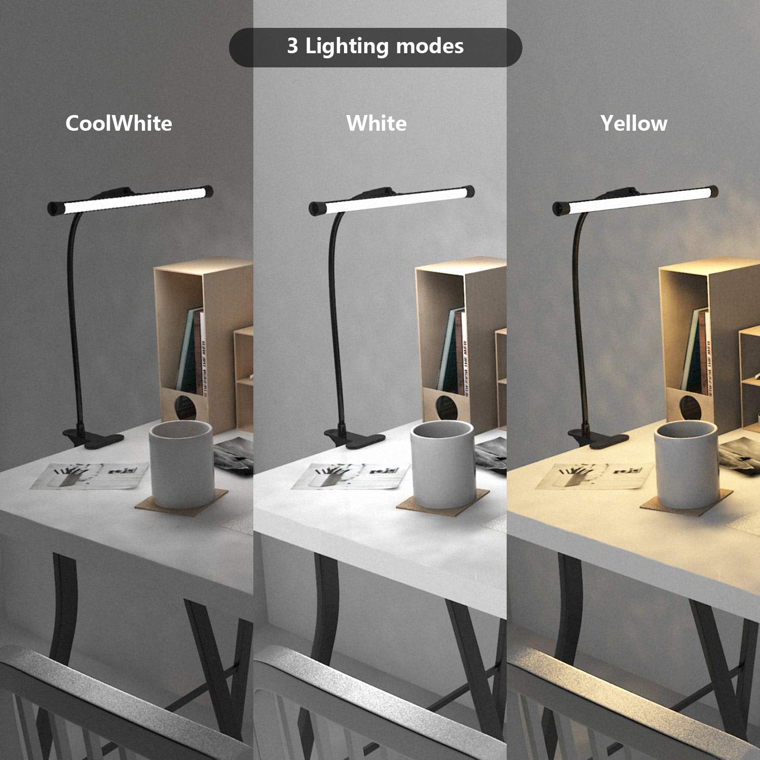 YOUKOYI LED Desk Lamp with Clamp, 10 Brightness Levels, 3 Color Modes, Flexible Gooseneck, Black
