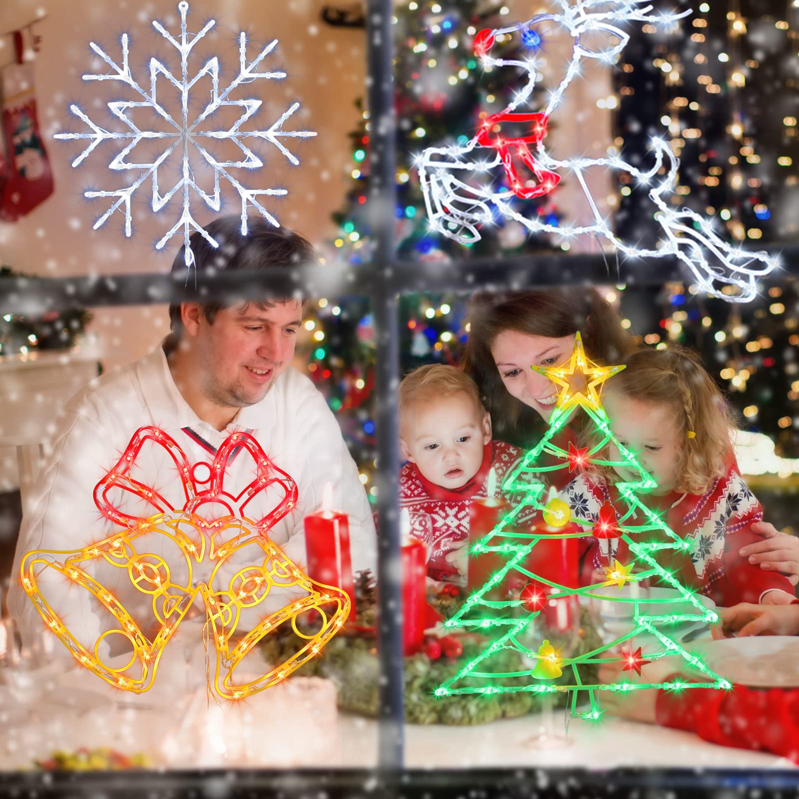 Trwymz Christmas Decorations - 16 Christmas Window Silhouette Lights - 4 Pack Colour Lighted Santa & Bell & Reindeer & Christmas Tree For Holiday Indoor And Outdoor Wall Door Window Decorate