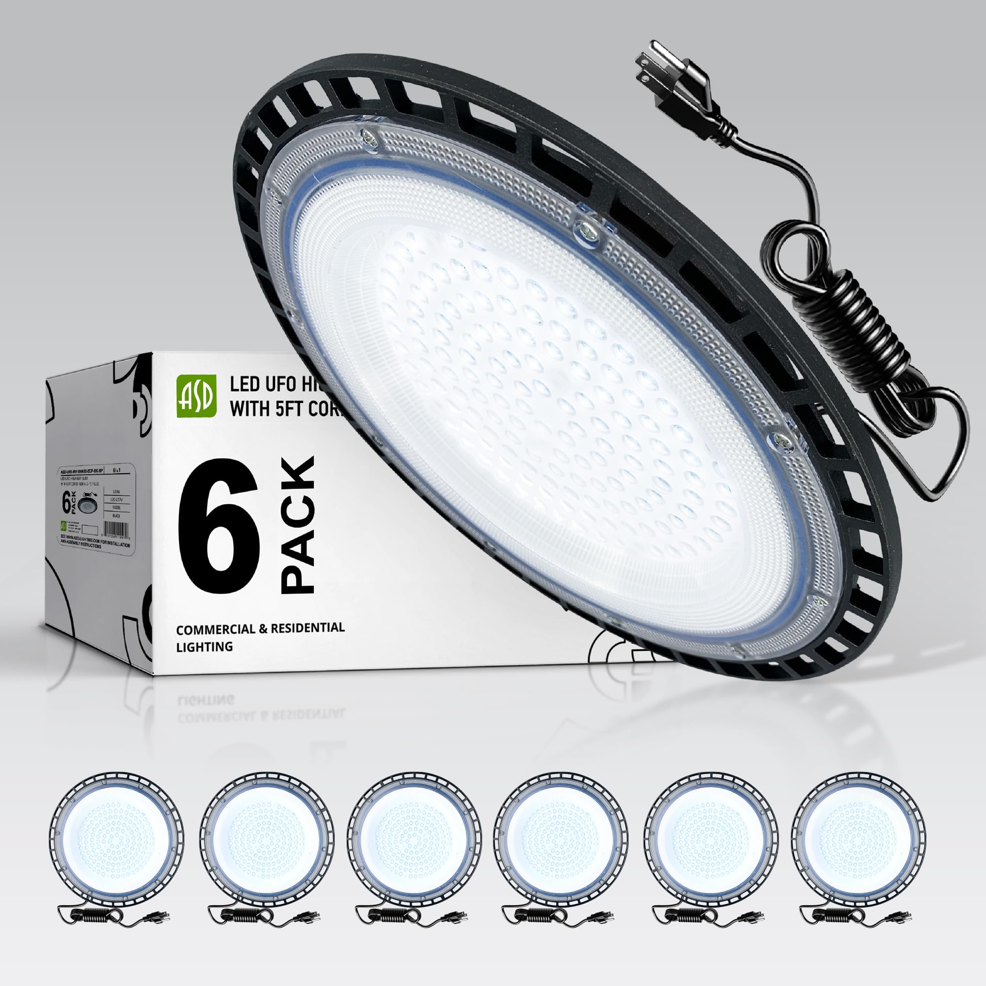 ASD 100W LED Low Bay Lighting, Ceiling Pendant Work Light - 5FT Plug-in Cord, IP65 Waterproof, Low Profile - 12000LM 5000K 120-2