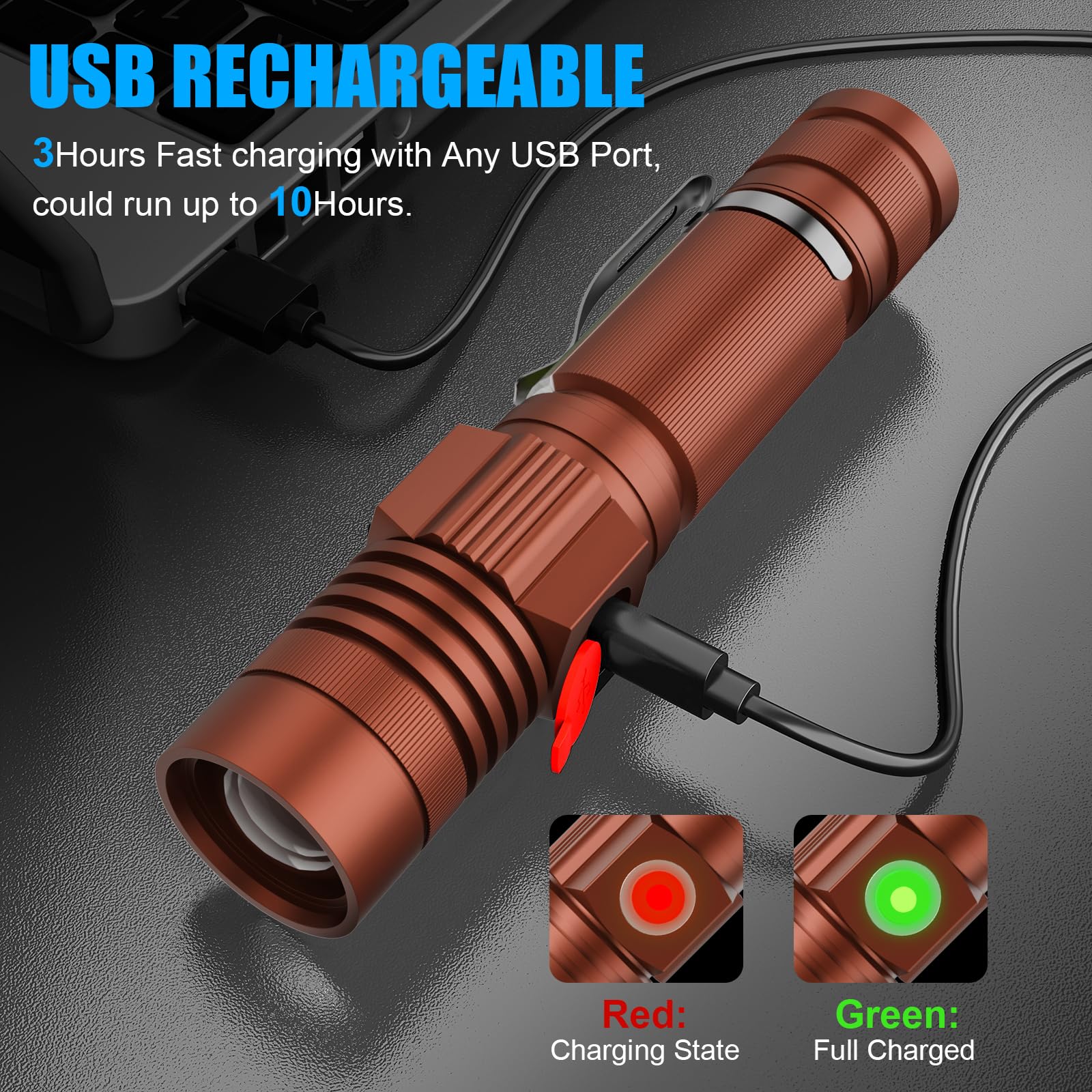 Hoxida USB Rechargeable LED Flashlight, 2000LM, Waterproof, Zoomable, Magnetic, Brown, Model 006-Blue