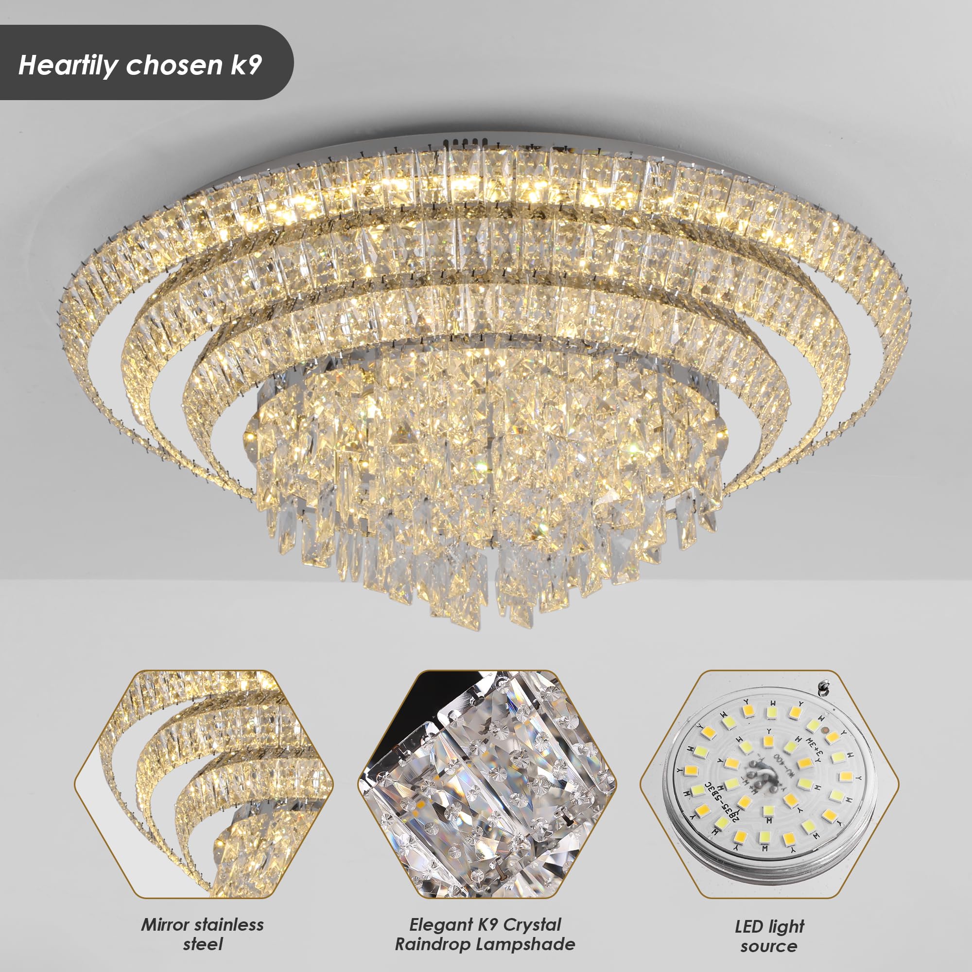 REDSTAR 30" Crystal Silver Flush Mount Ceiling Light, Remote & APP Control, Dimmable, Modern K9 Crystal Chandelier for Bedroom & Living Room