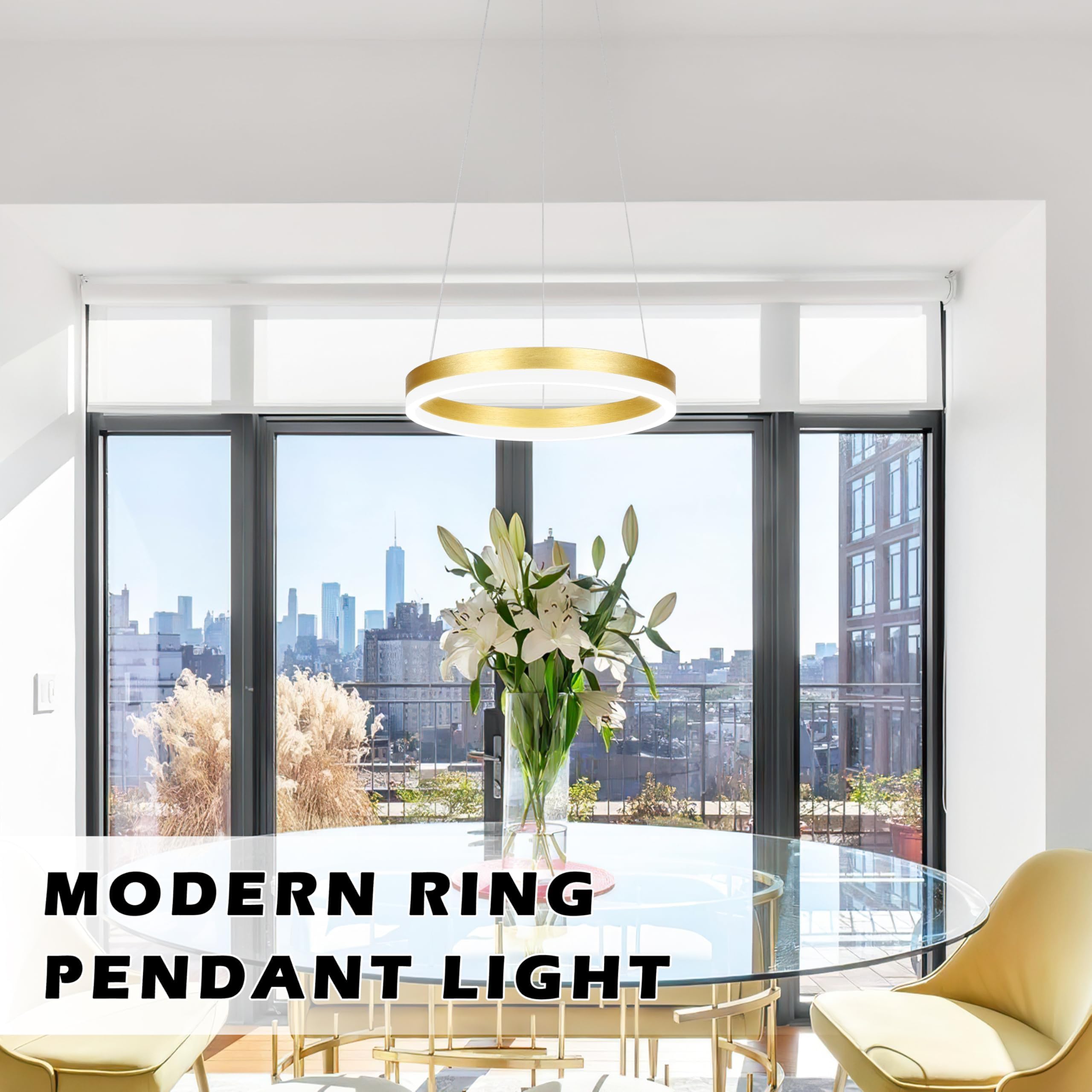 Mccokaige 12" Gold LED Ring Chandelier - Modern Metal Pendant Light for Kitchen Island, Bedroom, Dining Room, Model YK-3-J
