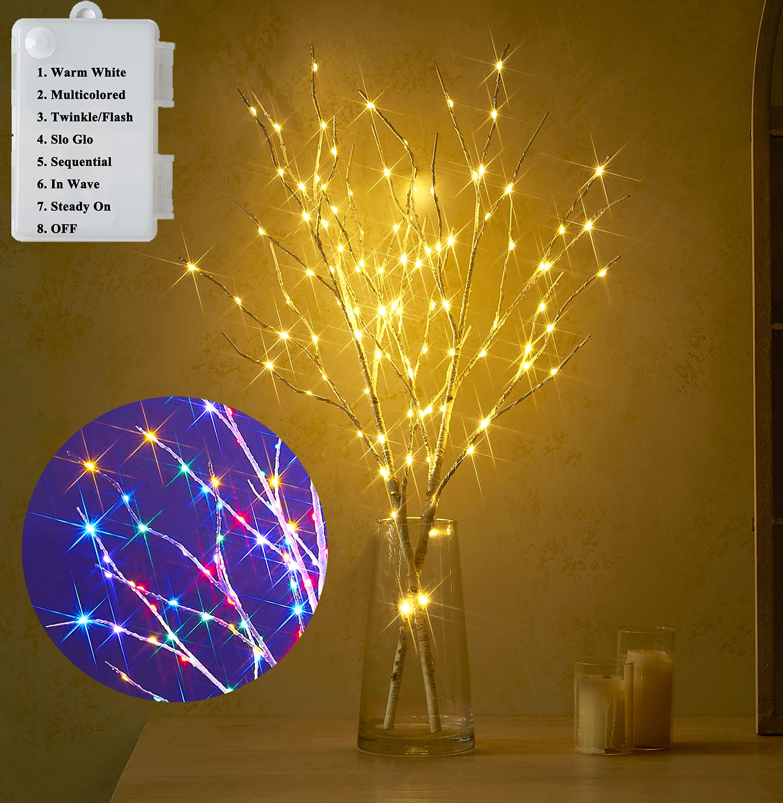 LITBLOOM Lighted Birch Branches Battery Operated with 8 Functions 30IN 100 Multi Color and Warm White Lights for Christmas Holid