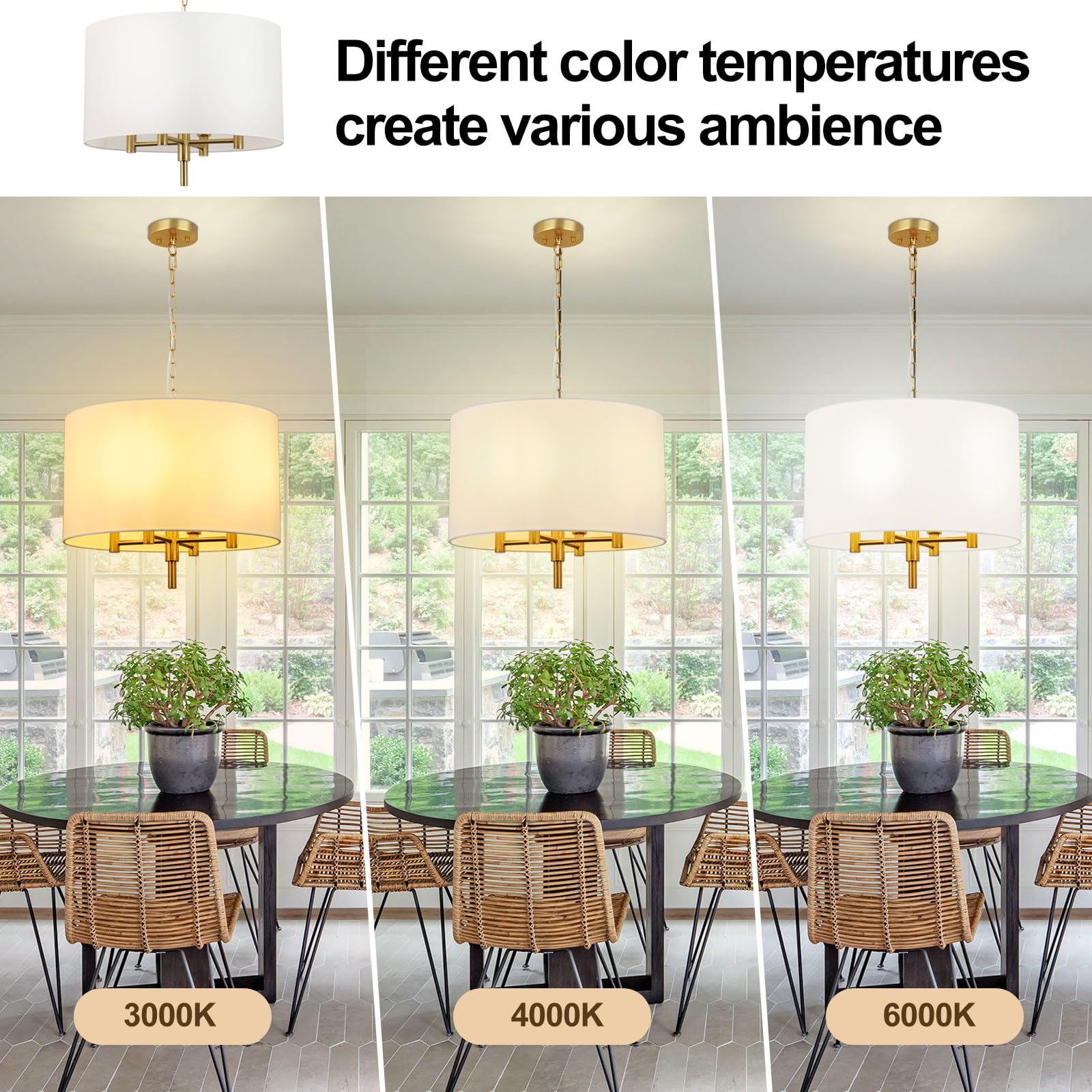 DLLT 4-Light Drum Chandeliers, 20 Modern Dining Room Pendant Chandelier, Adjustable Golden Chandelier with Beige Fabric Shade, E