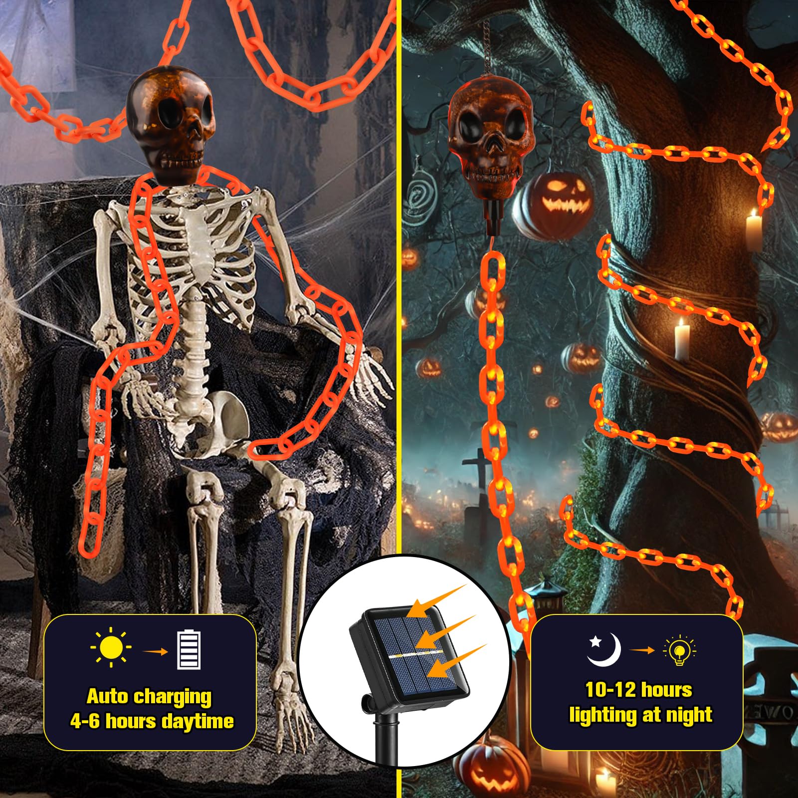 X-GiftKey Solar Skull Chain Lights, 8 Modes Halloween Decor for Yard/Patio, Orange, Model XGKSLOS01