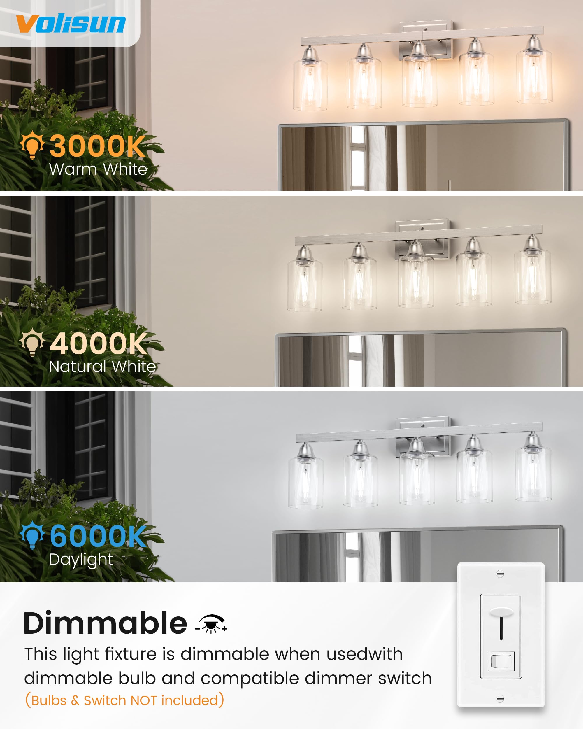 Volisun 5-Light Bathroom Light Fixtures, Brushed Nickel Bathroom Vanity Light Over Mirror, Modern Vanity Light For Bathroom, Bat