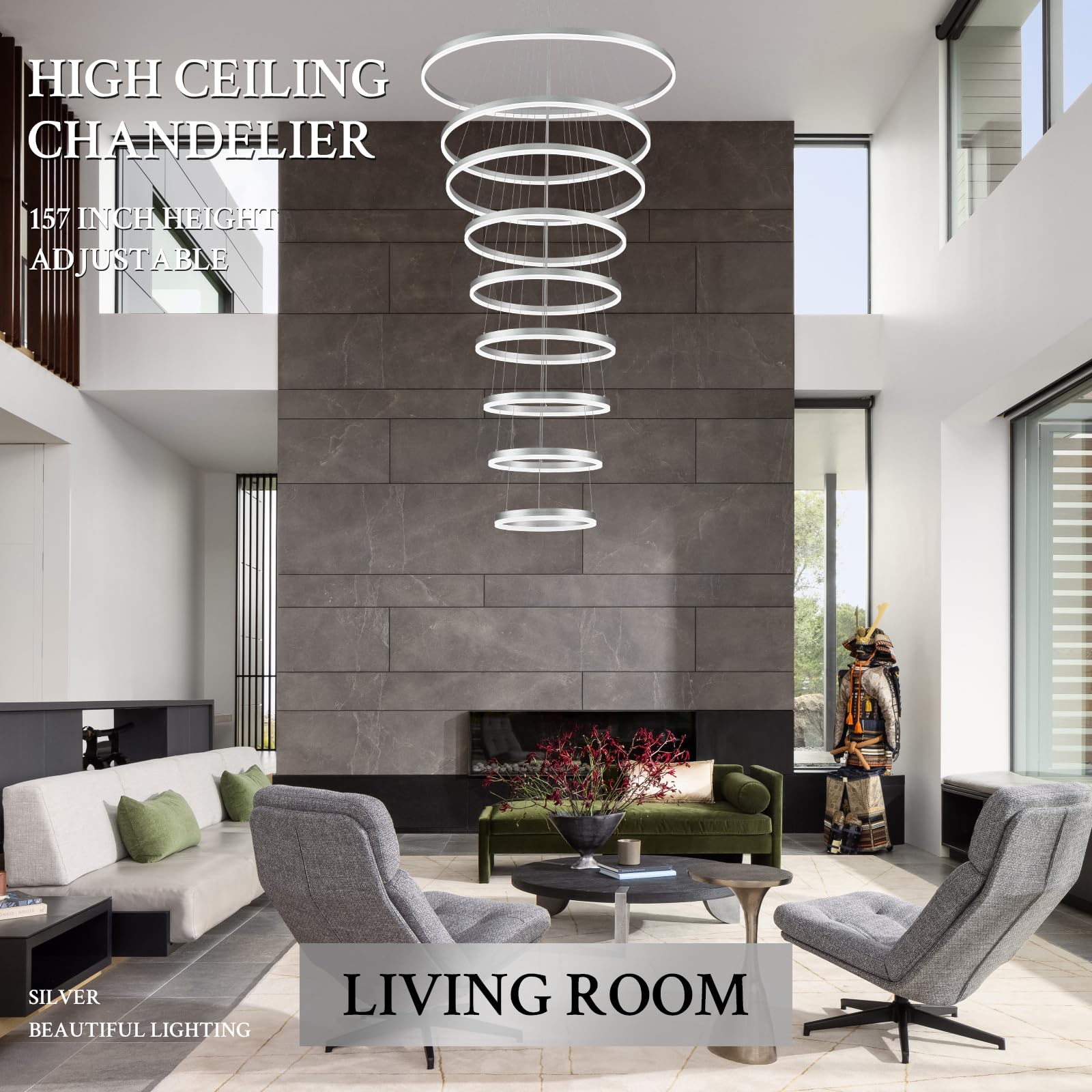 Sparklelf Modern LED Chandelier, 9 Rings 39.4in, Dimmable, Silver, Remote Control, 3000K-6500K for High Ceiling Entryway, Living