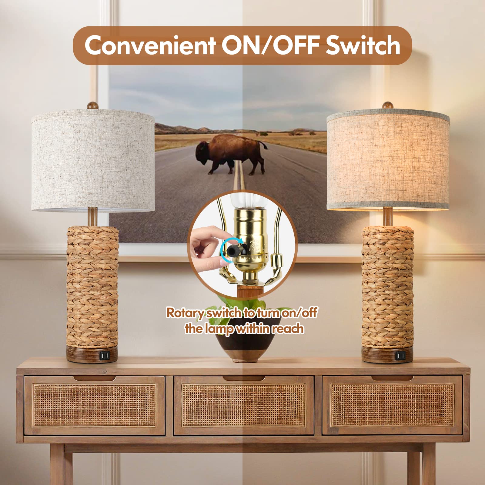 Rattan Table Lamp For Living Room With 2 Usb Ports, 27In Tall Bedroom Table Lamp With Hand-Made Seagrass Base, Rustic Farmhouse