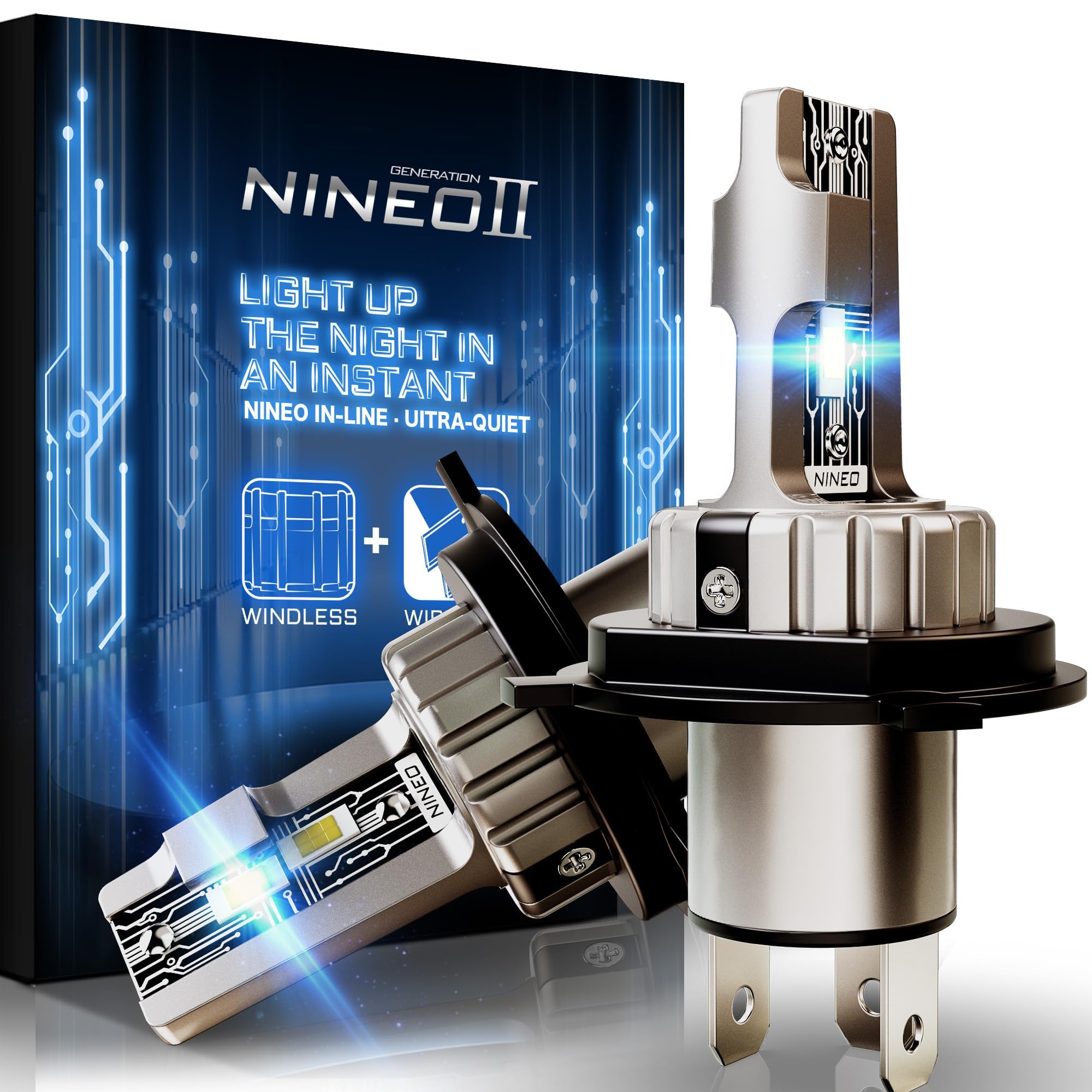 NINEO H4/9003 Light Bulbs, 300% Brighter, 6500K Cool White, Mini Size, Pack of 2
