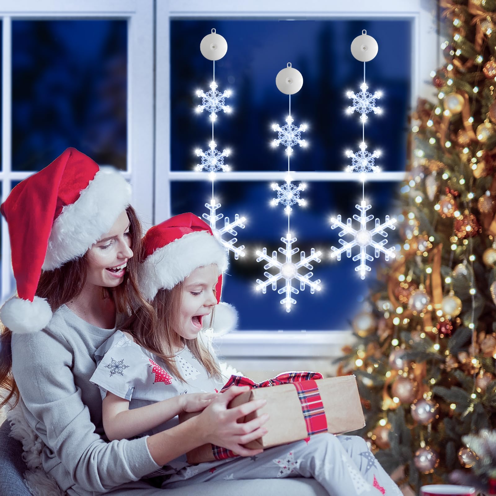 Lyubasa [Timer 3Pack Christmas Window Lights Decorations, Battery Powered Christmas Window Hanging White Lighted Snowflake Shaped Led Sucker String For Xmas Tree Fireplace Window Indoor Decor