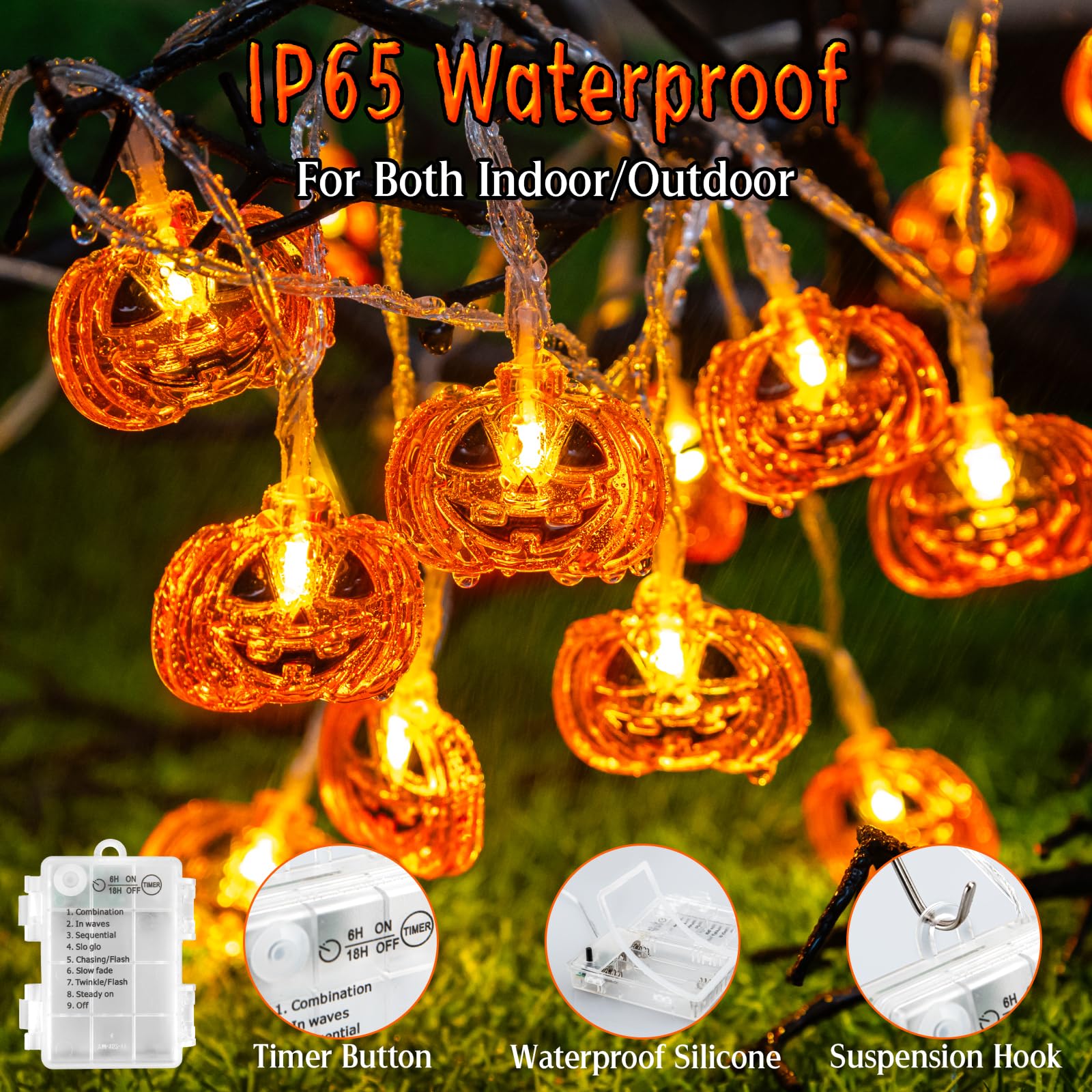 FFZZKJ Halloween Lights 10FT 20LED Battery Operated, 8 Modes, Indoor Outdoor Pumpkin Decor, Orange, Model NG-3M