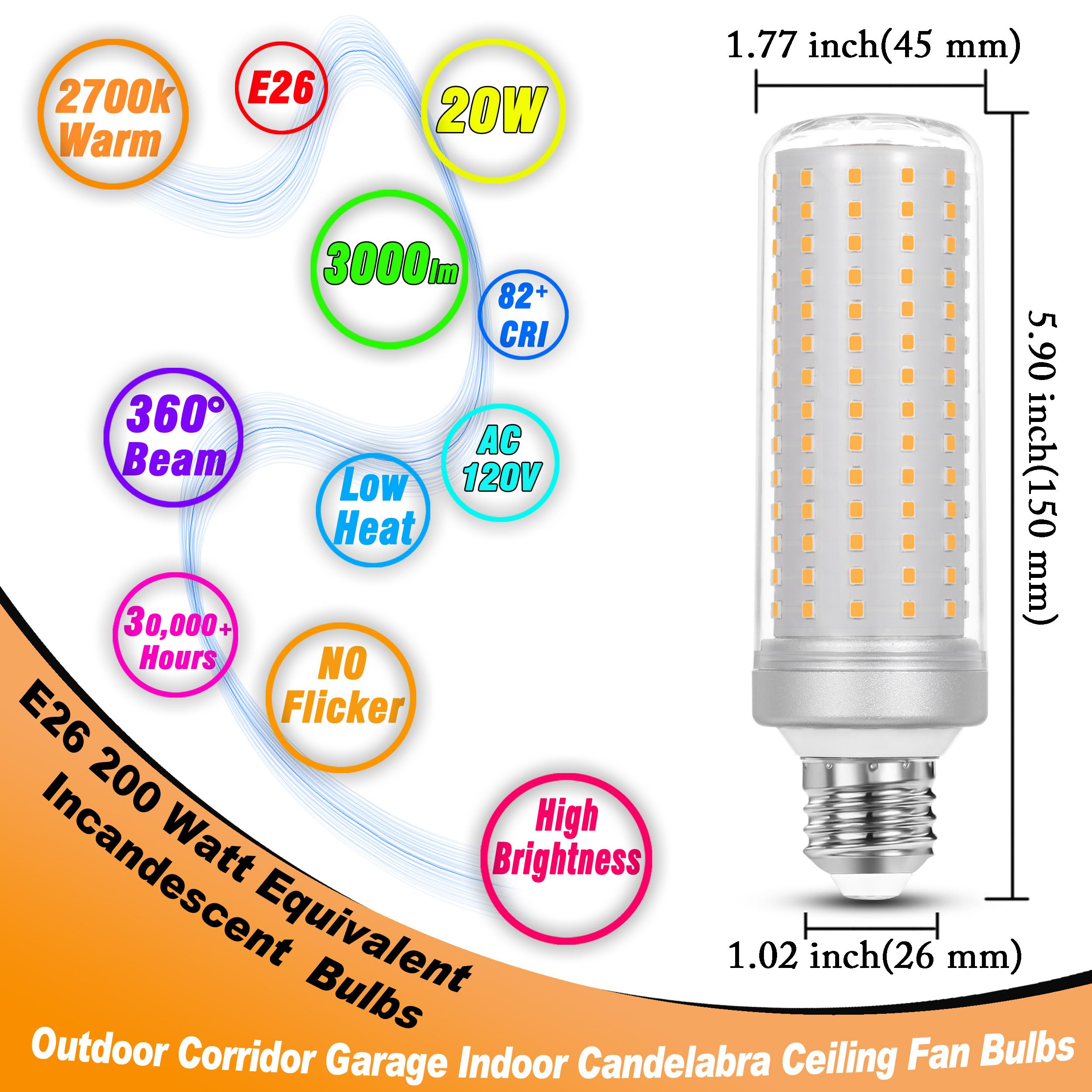 1.77 X 5.90 Inch Big E26 20W Led Light Bulbs 2700K Warm White 3000 Lumen 200 Watt Equivalent Incandescent Light Bulbs For Outdoo