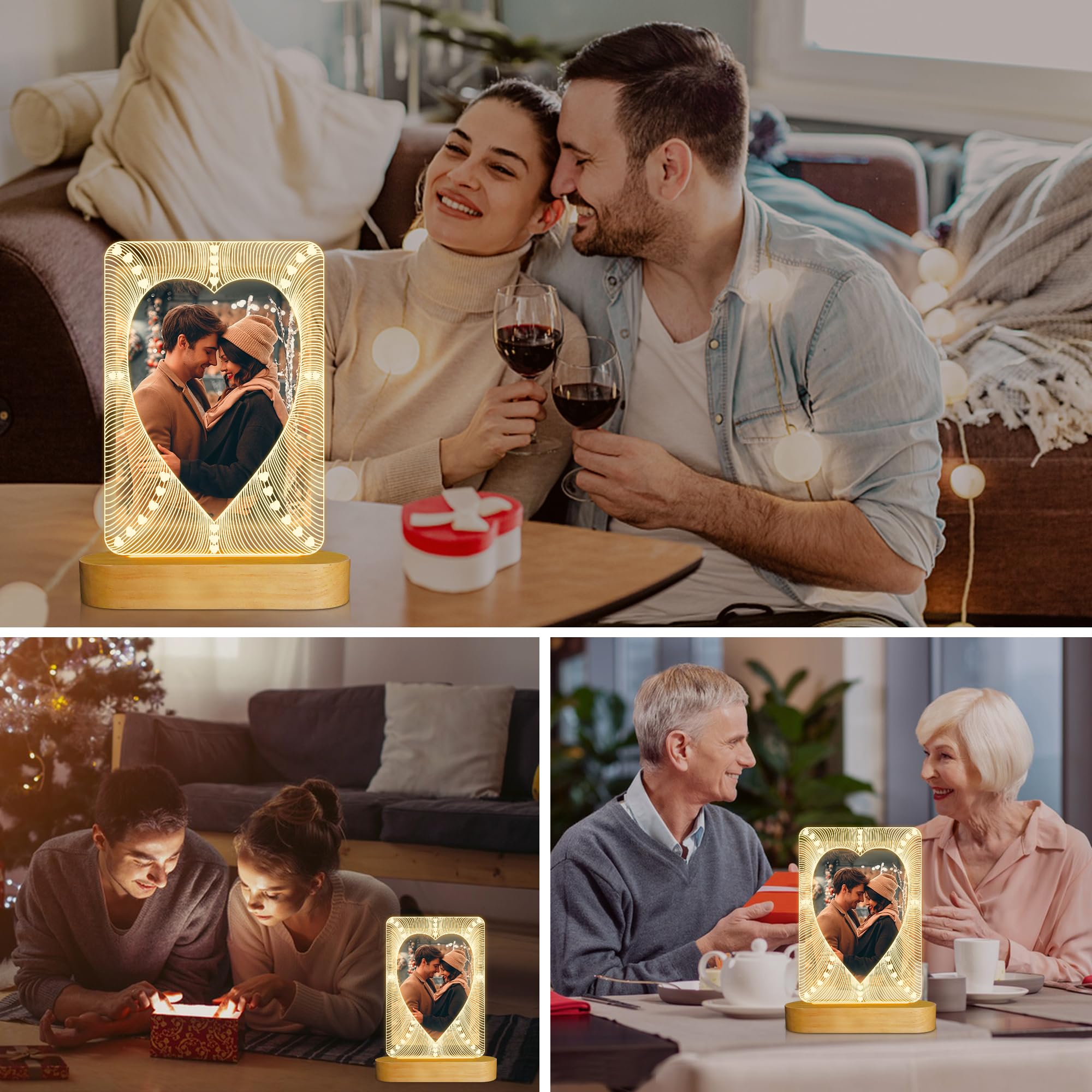 Attivolife Picture Frame For Him Her, Heart Photo Frame With Led Night Light, Bedroom Living Room Decor, Romantic Present For Co