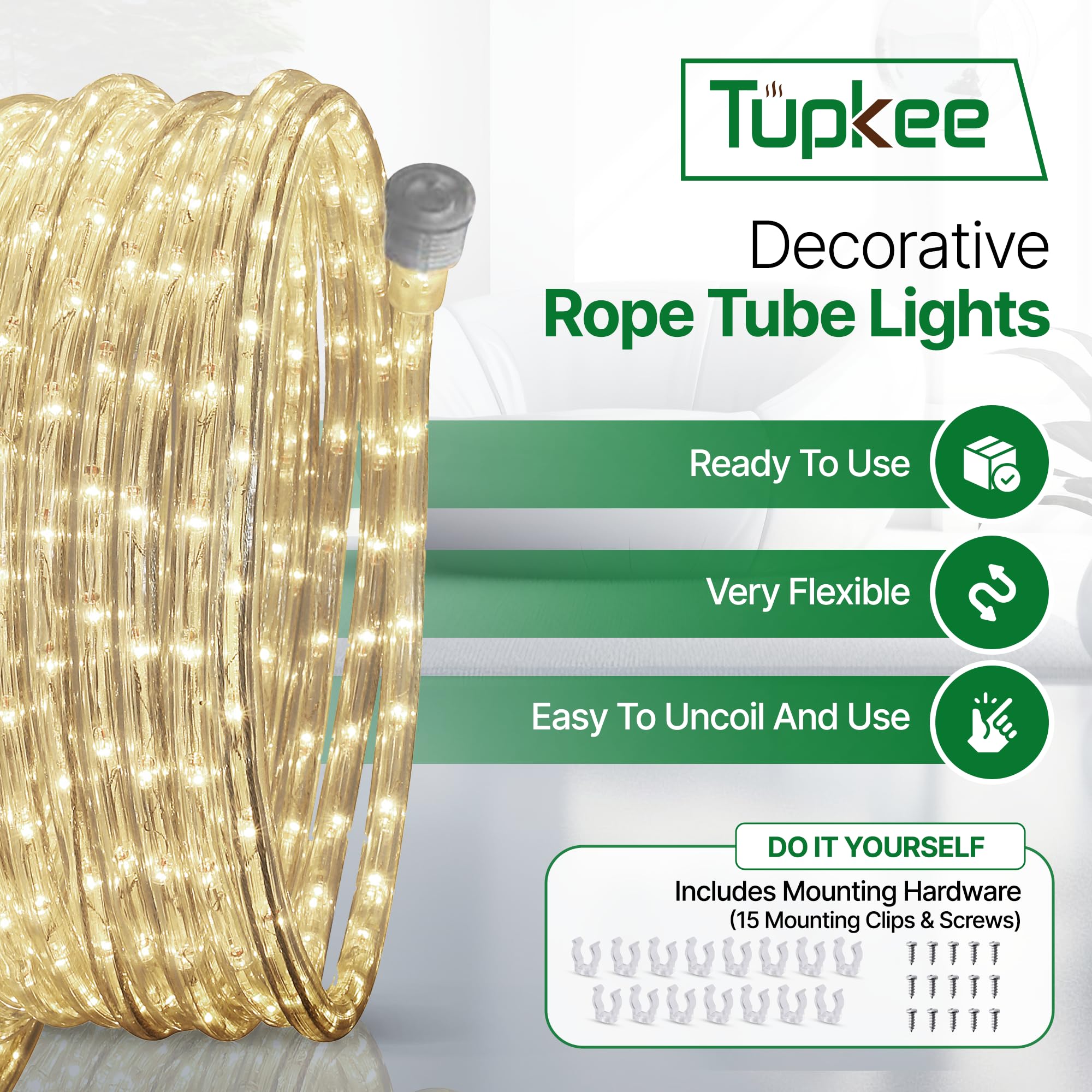 Tupkee LED Rope Light - 24 Feet Warm-White, 10MM Diameter, 144 LED, Indoor/Outdoor Use, Model RL-24-LWW2, Pack of 2