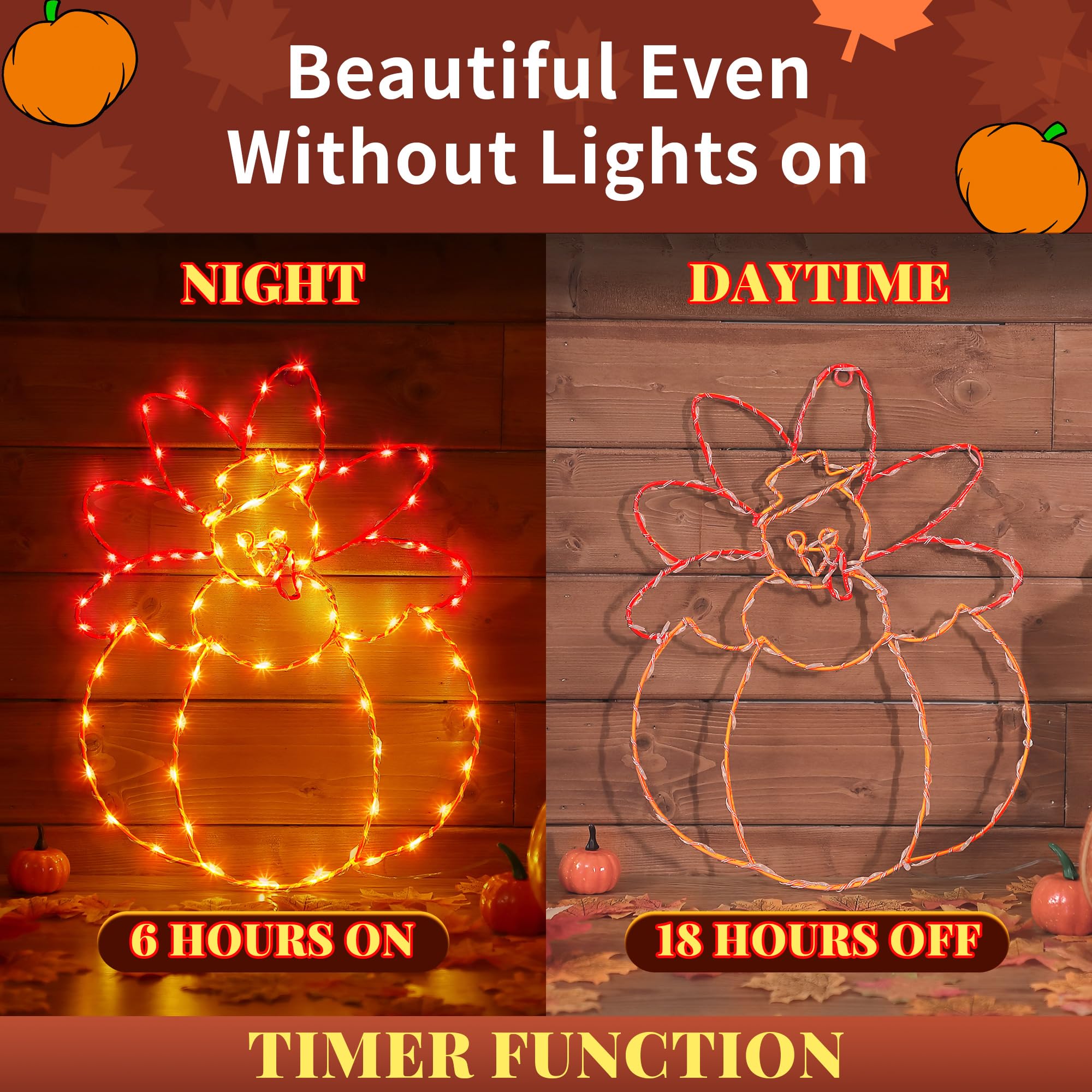 Large Thanksgiving Turkey Pumpkin Window Lights Decorations, 85 LED Turkey Light with Timer 8 Mode Thanksgiving Lighted Window F
