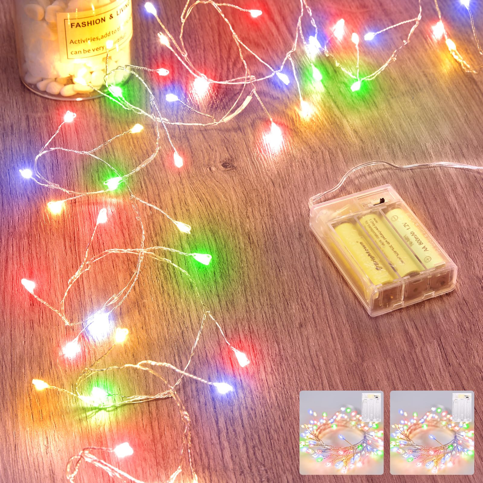 2 Pack Fairy Lights Battery Operated, String Lights Waterproof Silver Wire 5 Feet 60 Led Firecracker Starry Lights for DIY Wreath Wedding Party Bedroom Mason Jar Holiday Christmas Decor, Multicolor