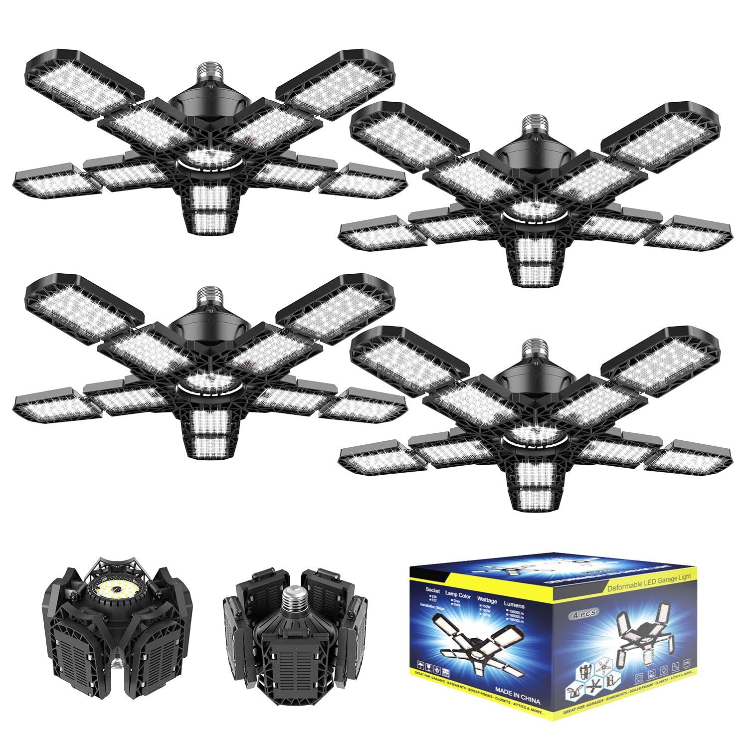 Nexillumi 4-Pack LED Garage Light 180W 18000LM Deformable Ceiling Lighting E26/E27 Black Polycarbonate