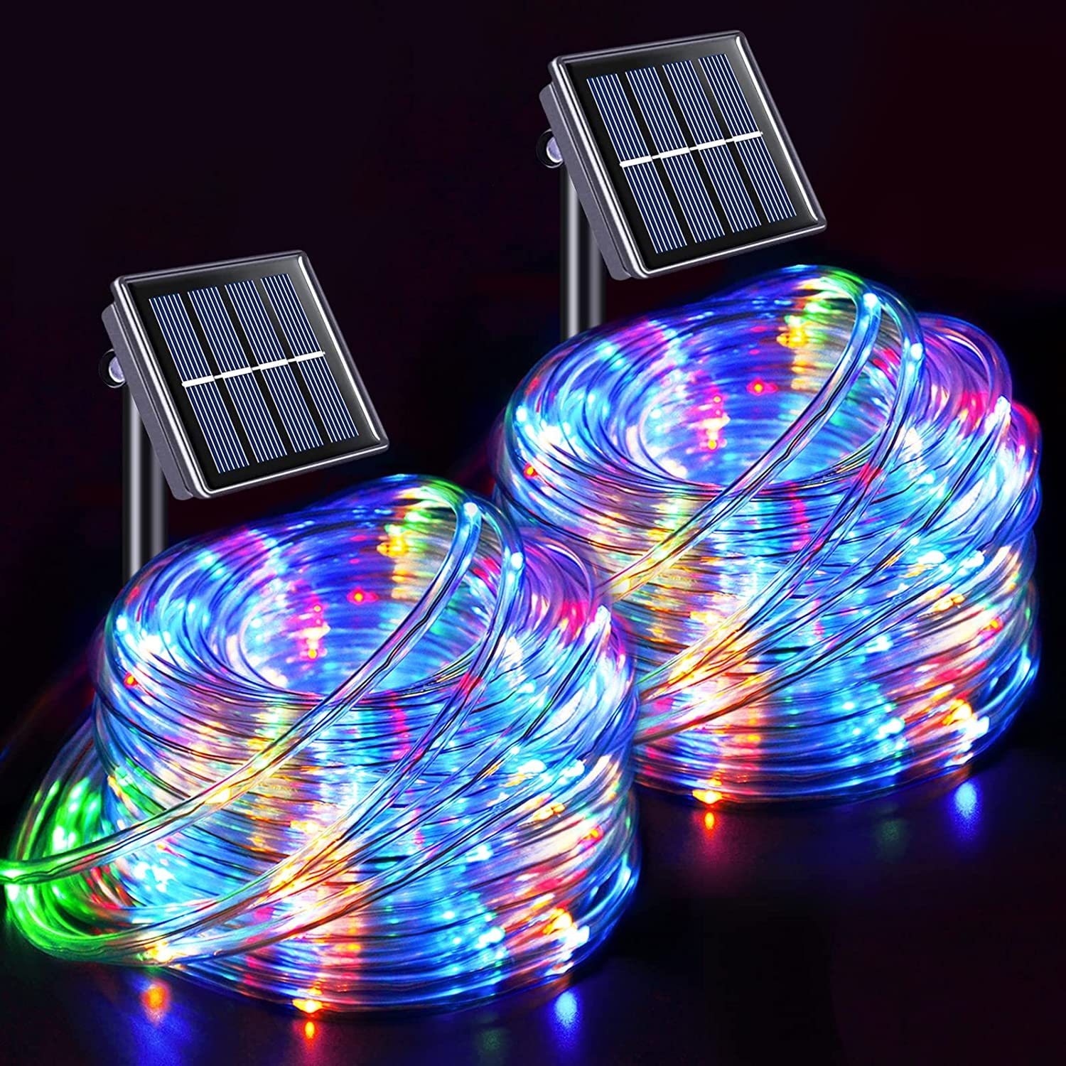 JMEXSUSS 2 Pack 100 LED Solar Rope Lights, IP 65 Solar Rope Lights Outdoor Waterproof LED, 33ft 8 Modes PVC Tube Solar Christmas Fairy Lights for Xmas Trampoline Fence Walkway Path Garden (MultiColor)