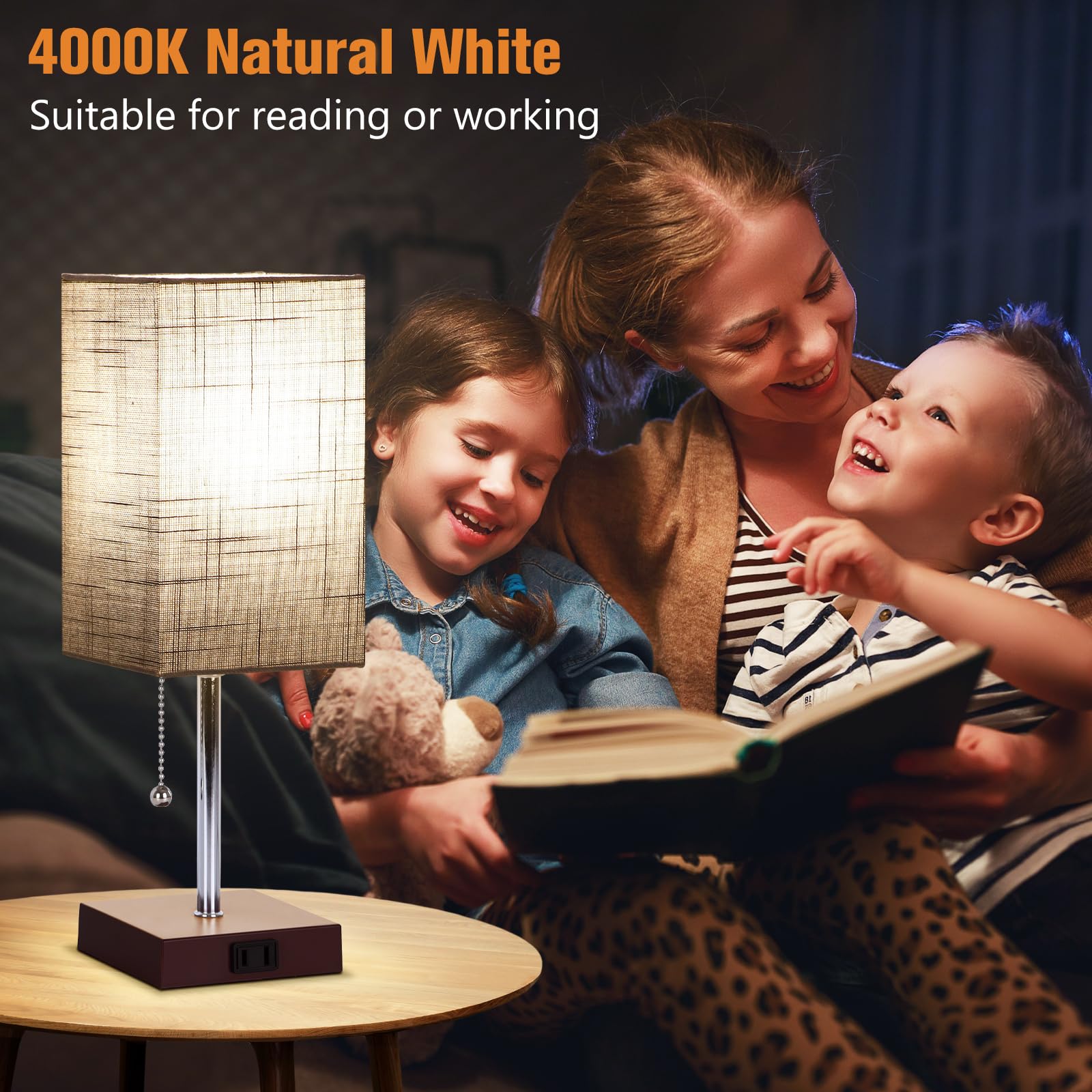 Plmmy Bedside Table Lamp For Bedroom Nightstand, 3 Color Pull Chain Nightstand Lamps Set Of 2 With Ac Outlets, Square Gray Lamps