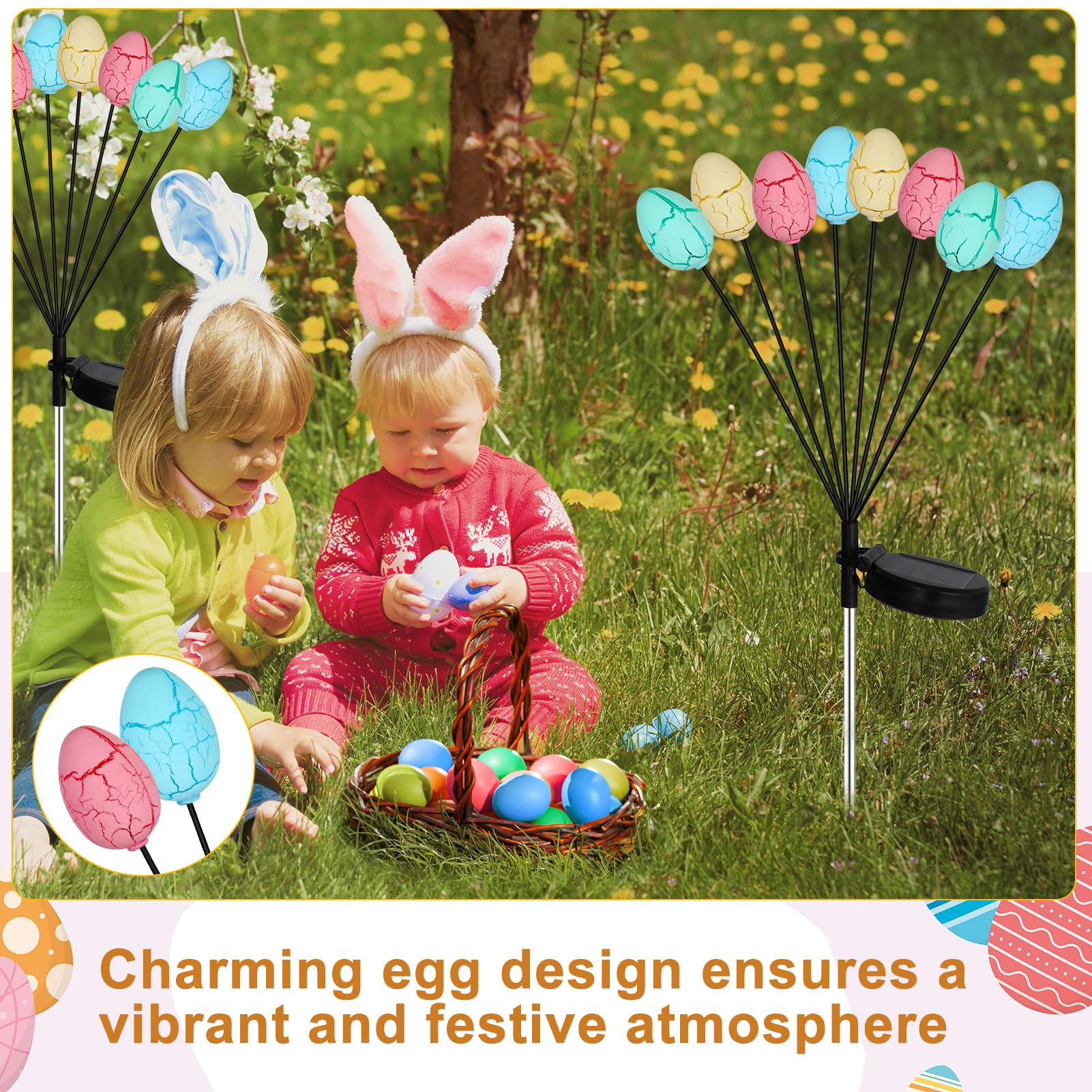 echosari 4 Pack Solar Easter Egg Lights - Waterproof Colorful Garden Decor - Pink, Blue, Yellow, Green - Model S01-ES-4P-Easter-S-LED8
