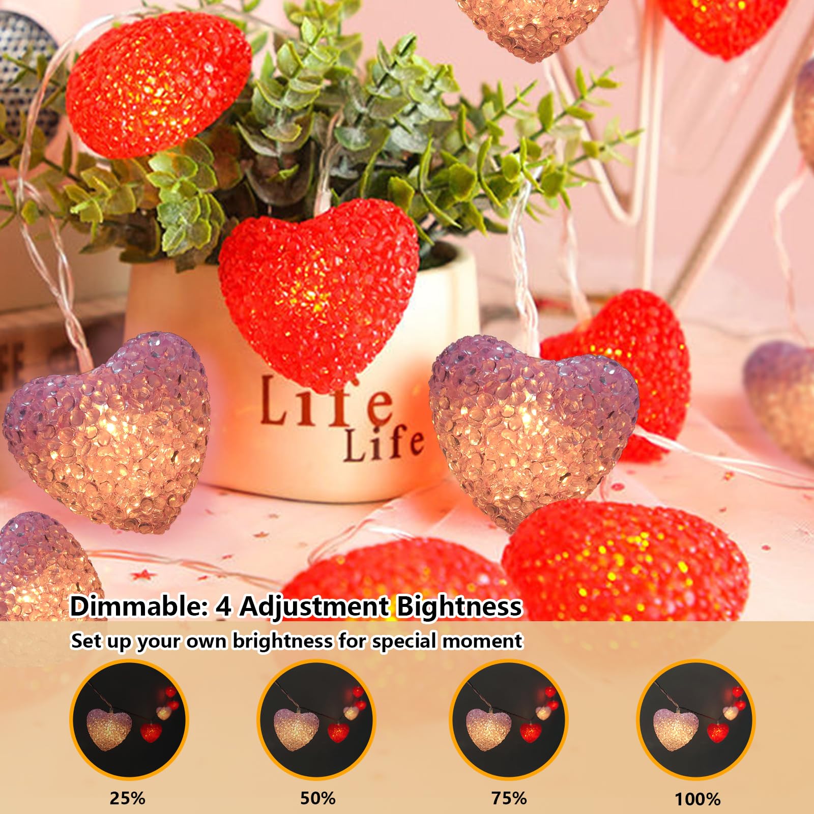Valentine Lights String Battery Powered 6.8Ft 10 LED Heart String Lights with Remote Timer, Valentines Day Heart Lights for Indo