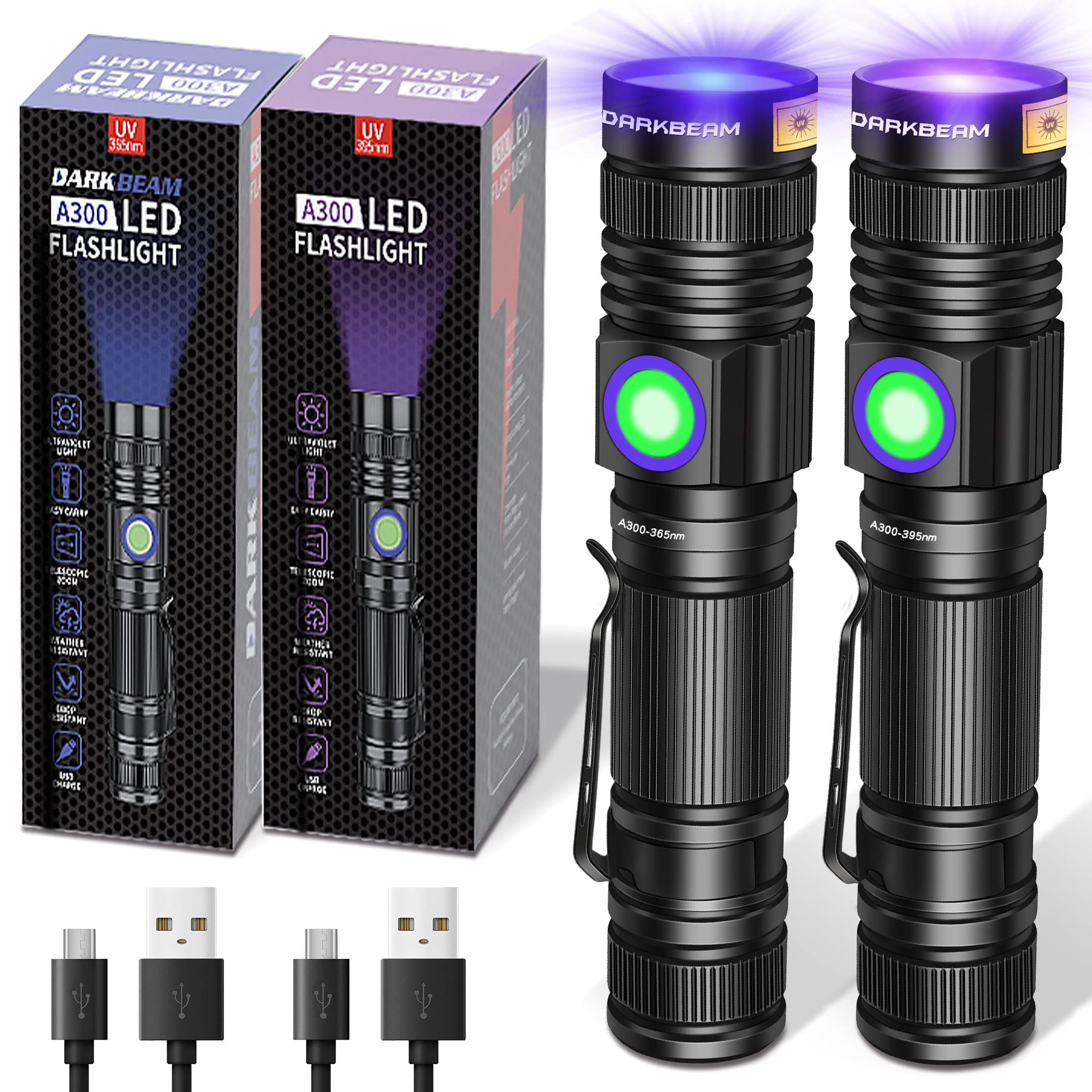 DARKBEAM UV Flashlight 365nm & 395nm, Rechargeable LED, Pocket Size, Aluminum, 2 Pack