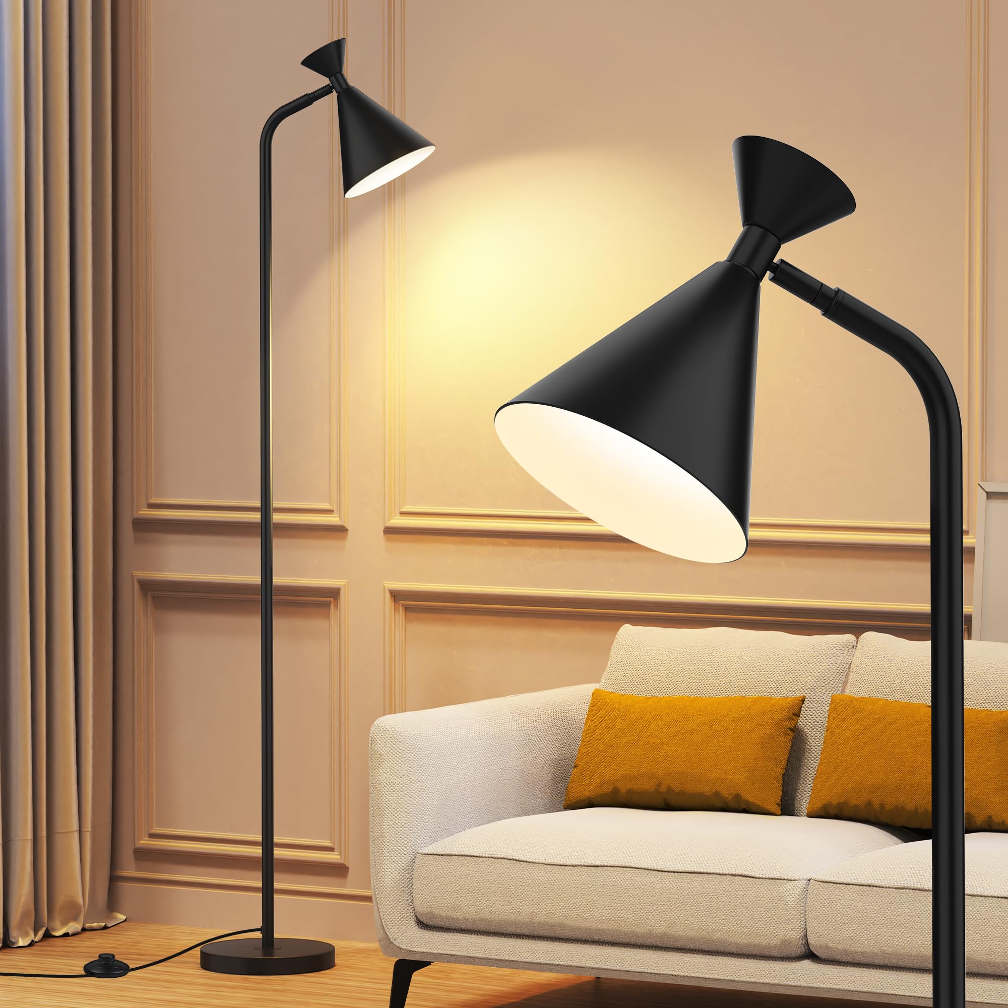 PARTPHONER Floor Lamp, Adjustable Metal Heads, Black, Modern Design, Model PAFP073AB1, Foot Switch, Ideal for Living Room, Office, Kids Room
