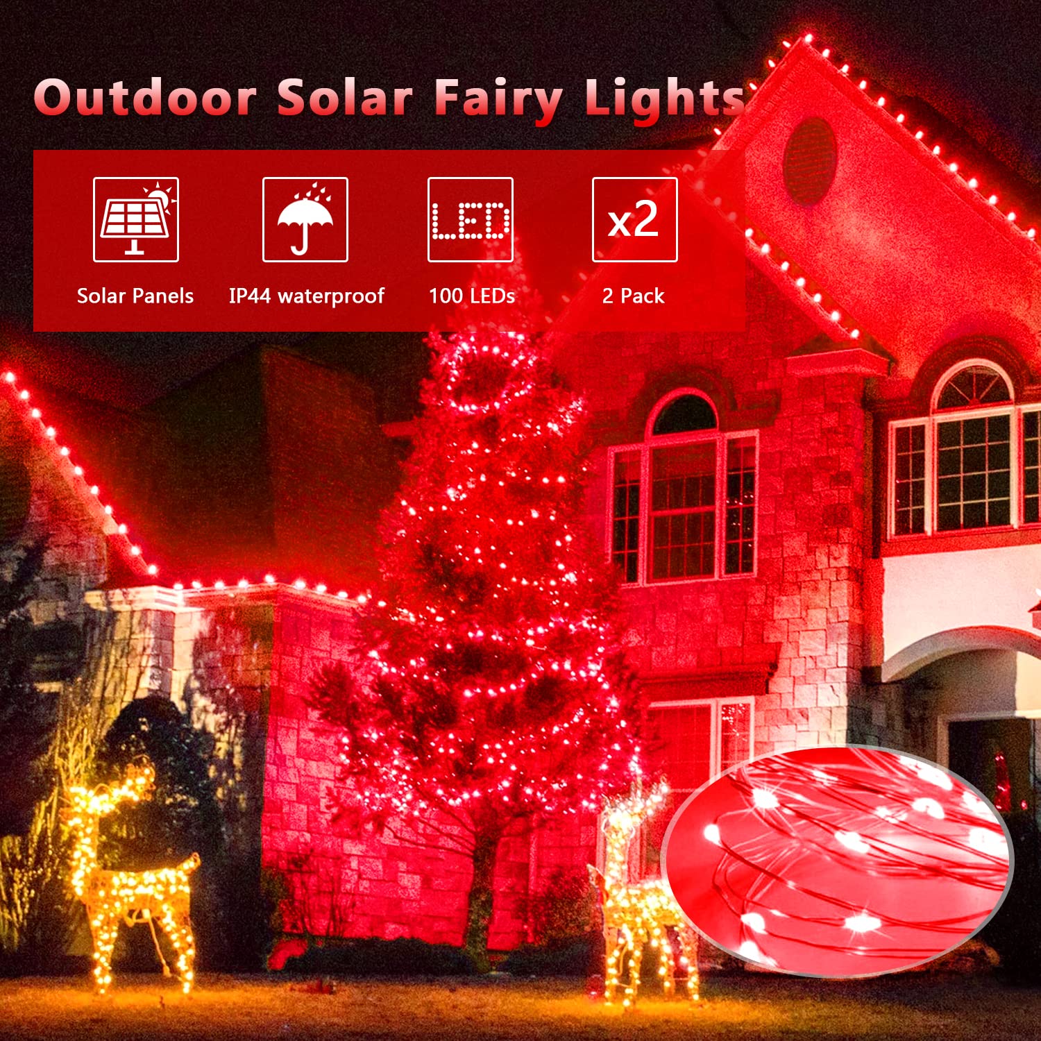 Jmexsuss 4 Pack Red Solar Christmas Lights, Total 400 Led 132Ft Red Solar Fairy Lights Outdoor Waterproof, 8 Modes Copper Wire Solar String Lights For Outside Christmas Garden Patio Yard Tree Decor