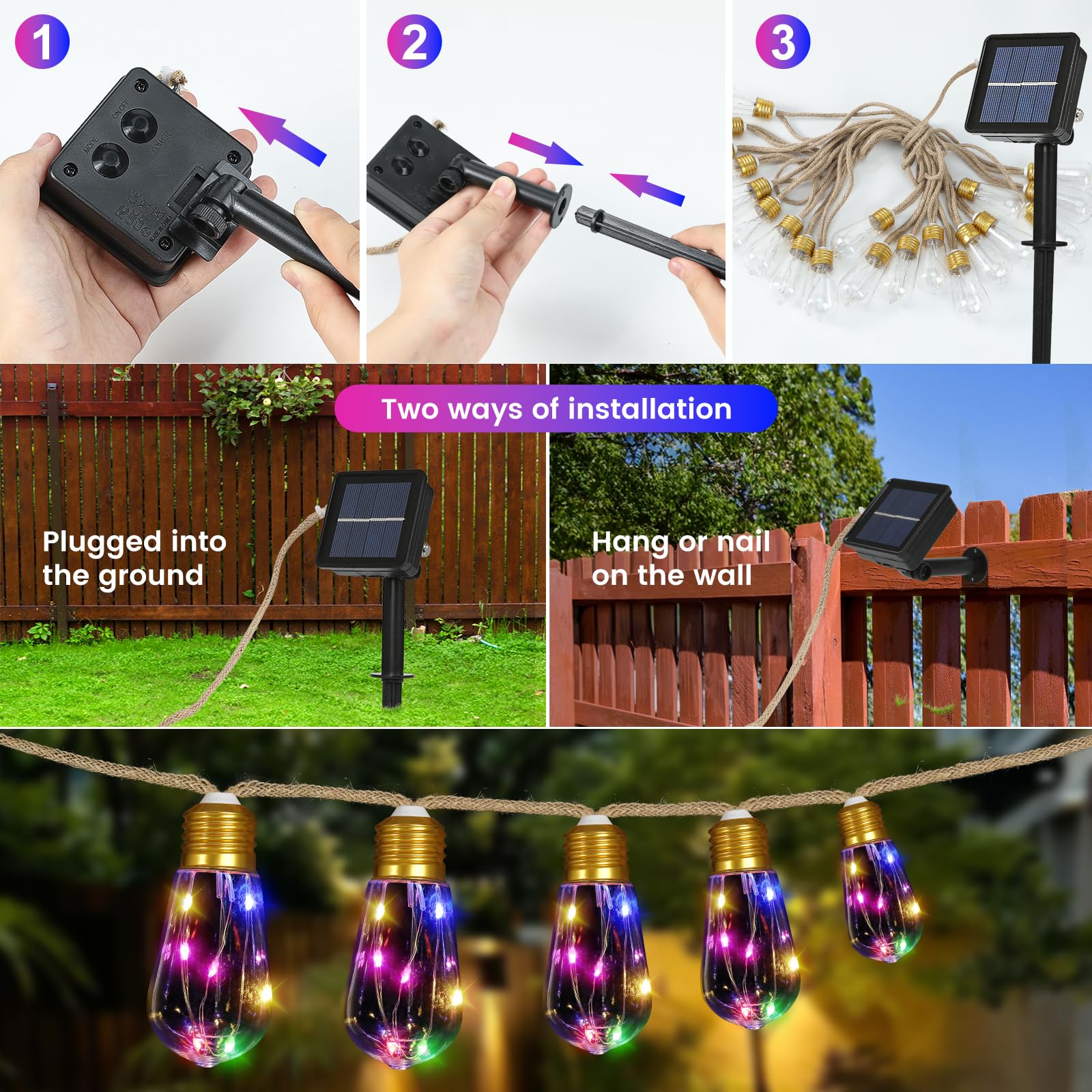 Solar String Lights For Outside, 24Ft Vintage Rope Hemp Solar Outdoor String Lights With 20 Shatterproof Bulbs, Waterproof 8 Mod