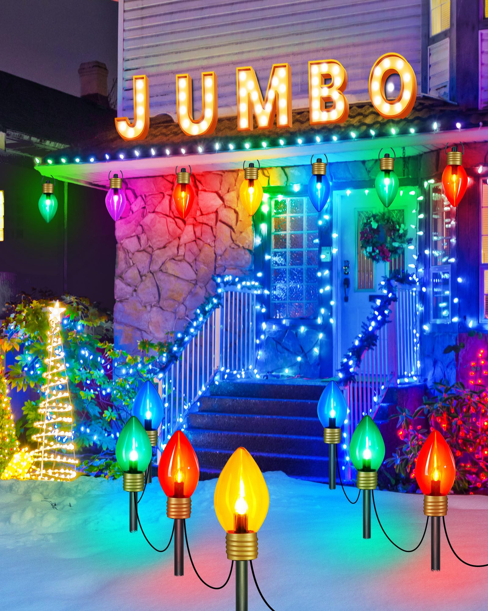 Minetom Christmas Lights Jumbo C9 Outdoor Lawn Decorations with Pathway Marker Stakes, 8.5 ft C7 Lights Covered Jumbo Glitter Mu