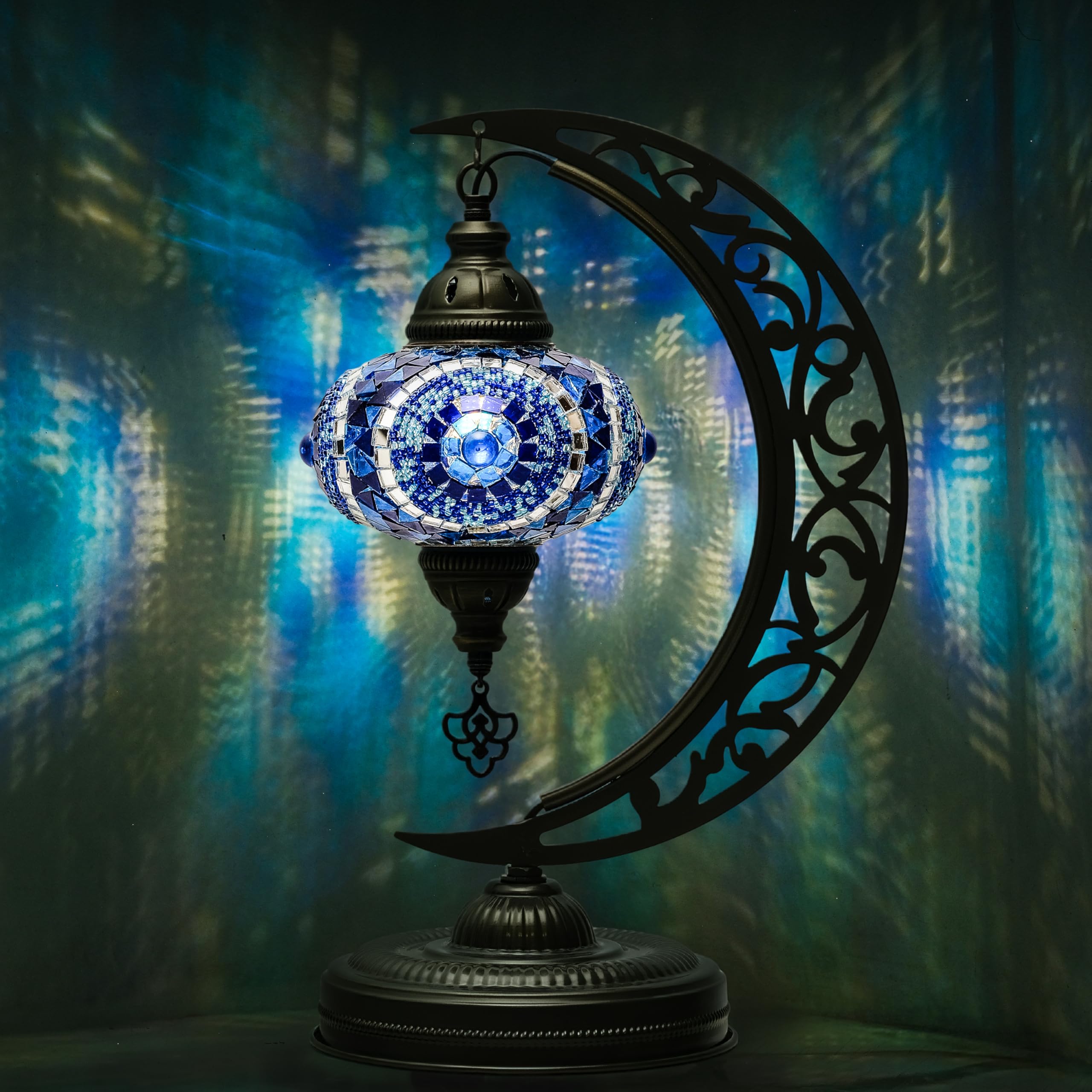 Mozaist Turkish Lamp  Unique Lamps  Moon Shaped Mosaic Table Lamp  Moroccan Handmade Antique Bohemian Vintage Lamp Shade  Tiffany Desk Bedside Stained Glass Lamp with US Plug and E12 Socket